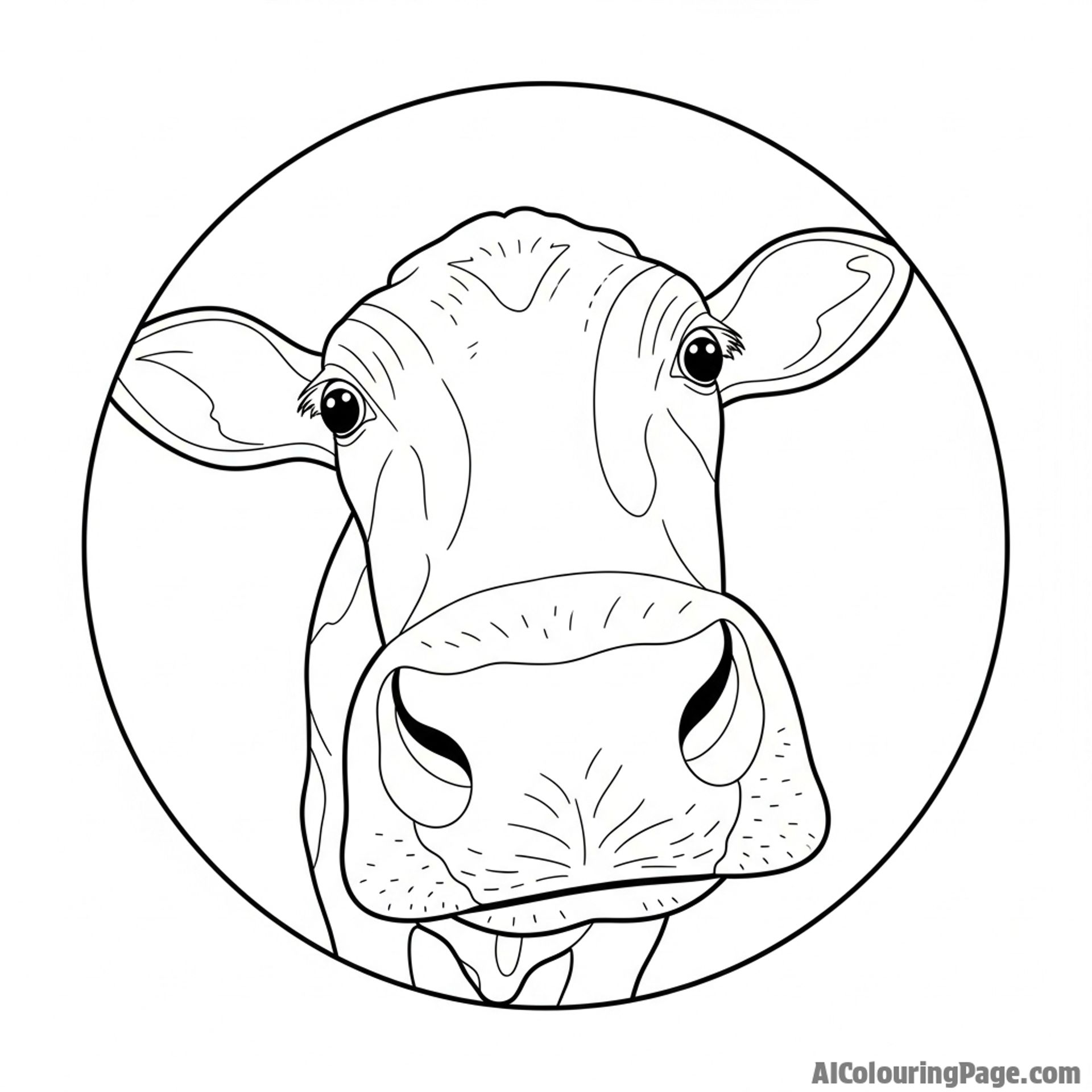 A fisheye lens perspective of a curious cow looking down directly at the camera.