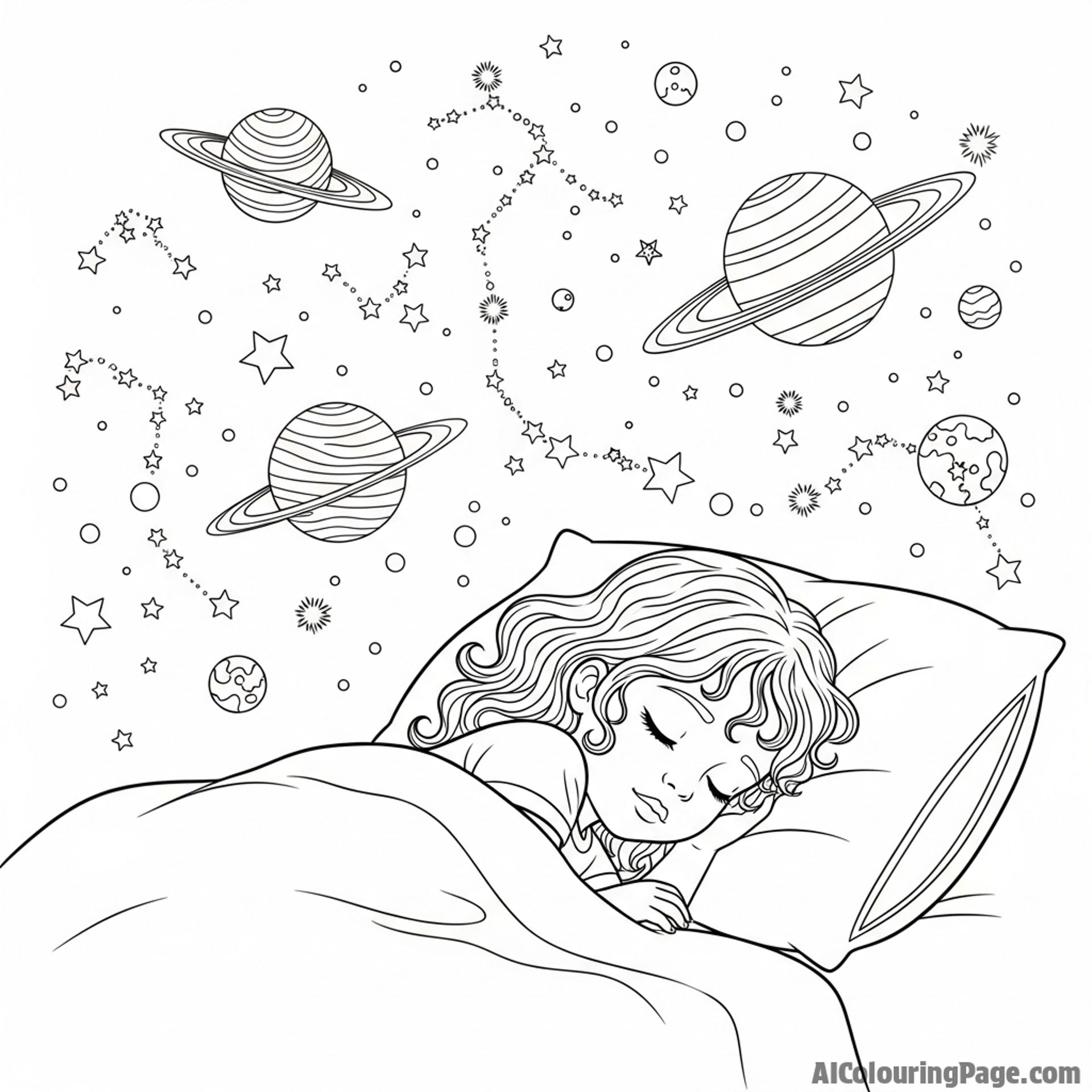 Child sleeping peacefully under a projected night sky.