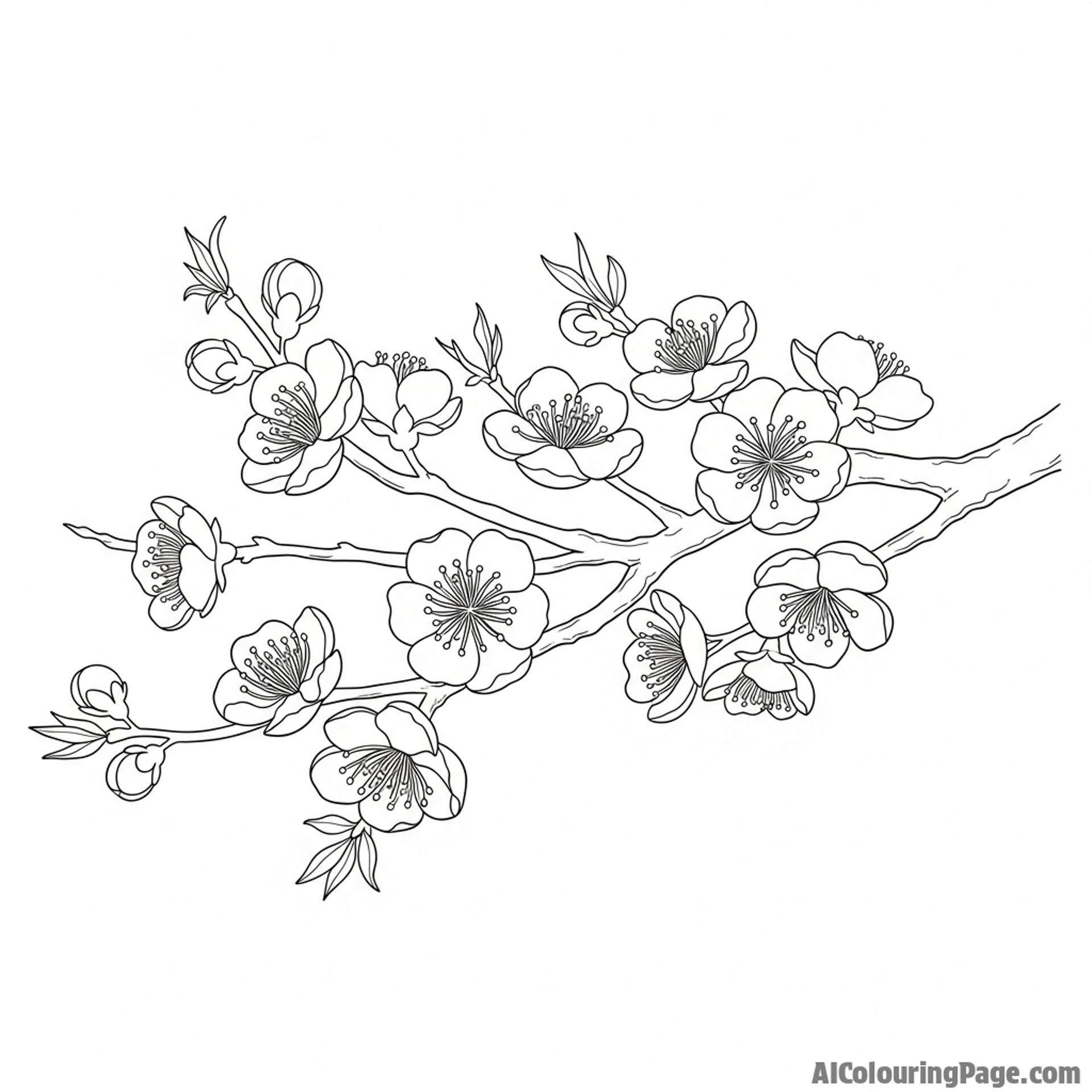 Blooming plum tree branches, horizontal composition.
