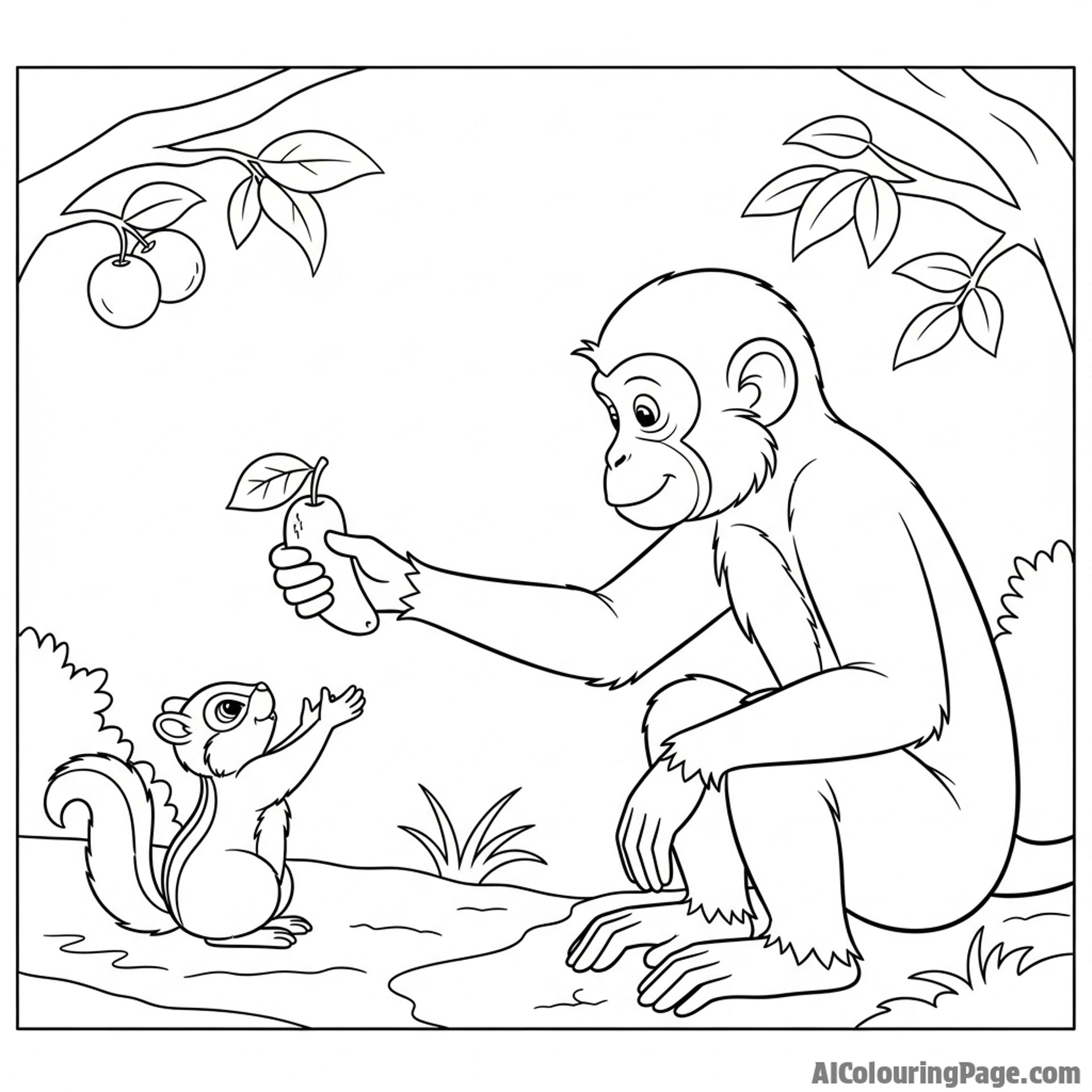 A monkey gently sharing a piece of fruit with a small forest creature.