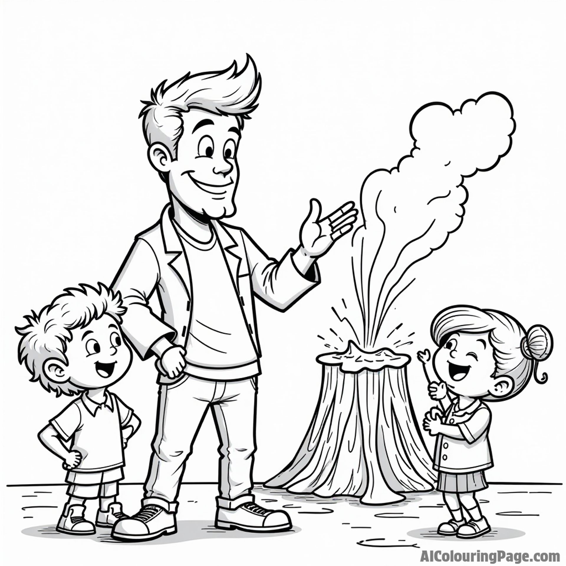Johnny Bravo at a science fair with a volcano project and excited kids