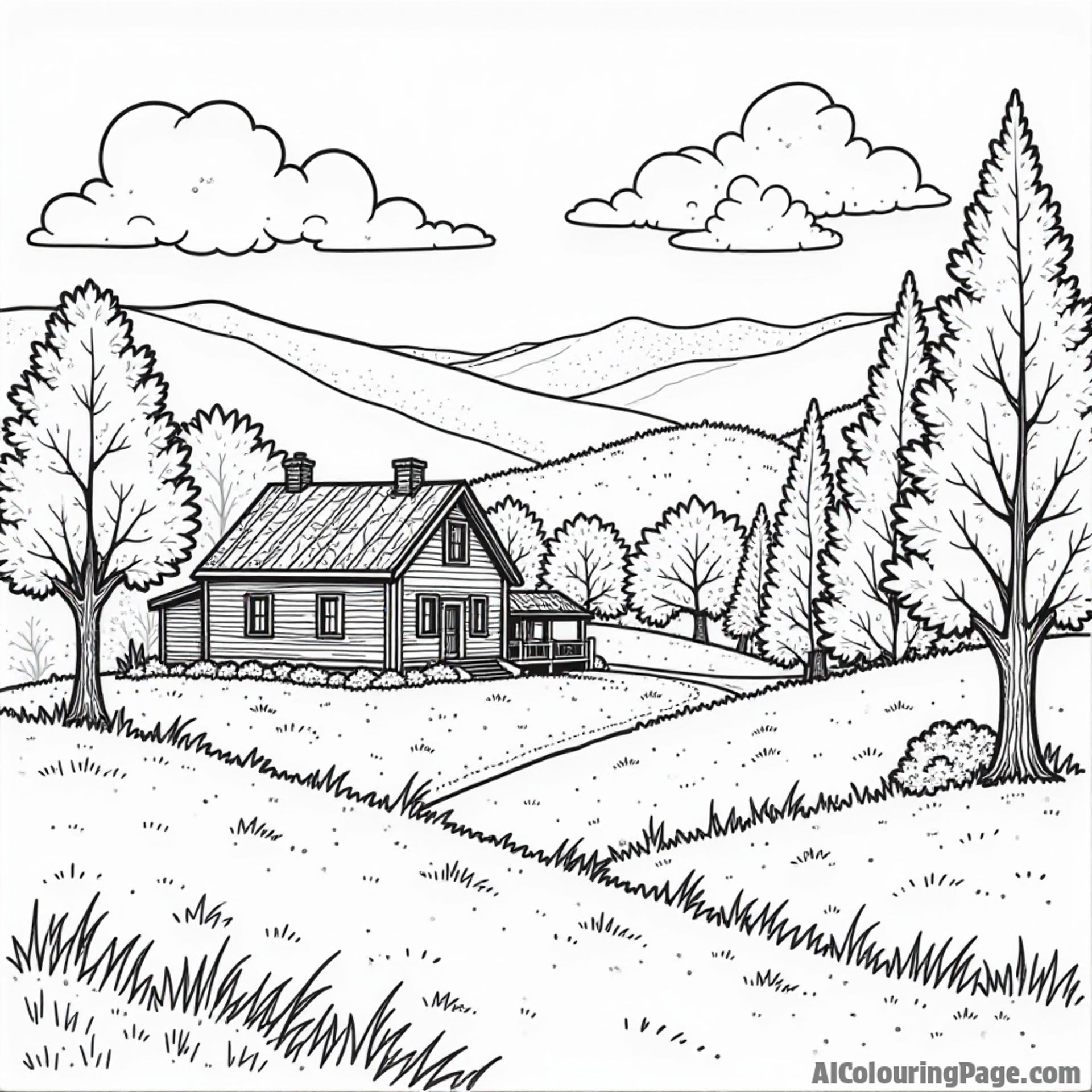 A scenic Vermont landscape with rolling hills, a cozy farmhouse, and a barn surrounded by tall maple trees for coloring fun.