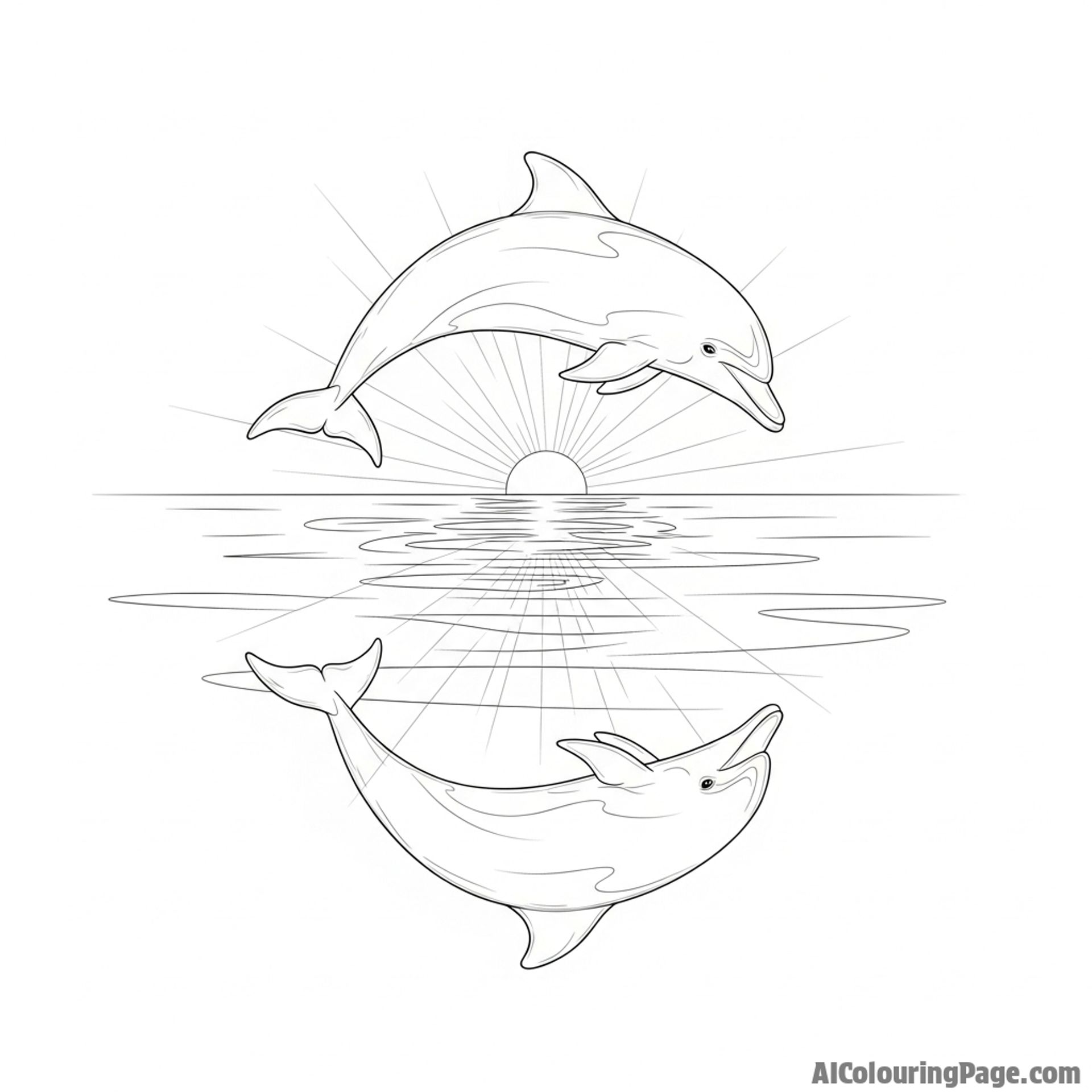 The perfect reflection of a dolphin on the glassy, still surface of the water at dawn.