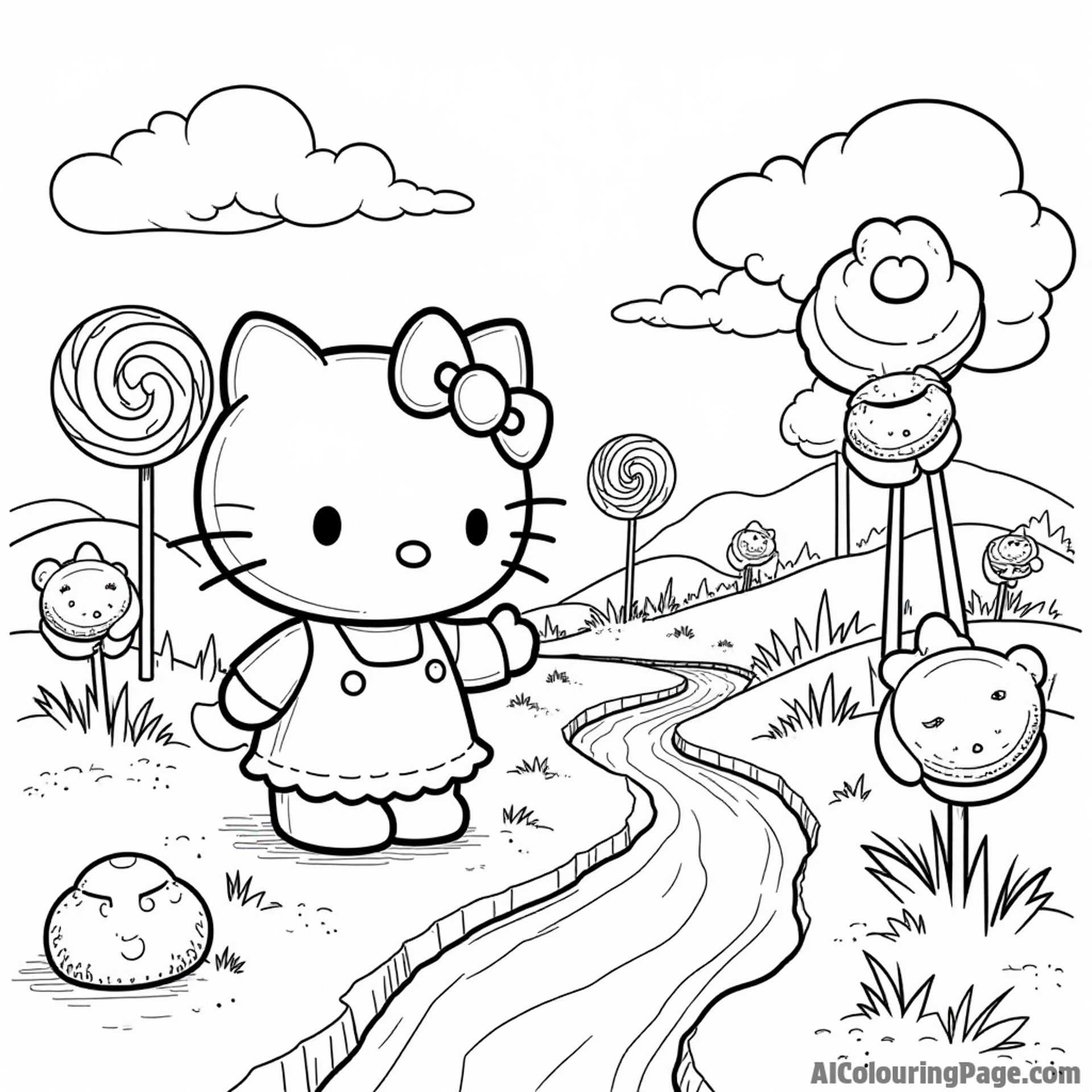 Hello Kitty exploring a candy land with giant lollipops, gummy bears, and a chocolate river flowing nearby