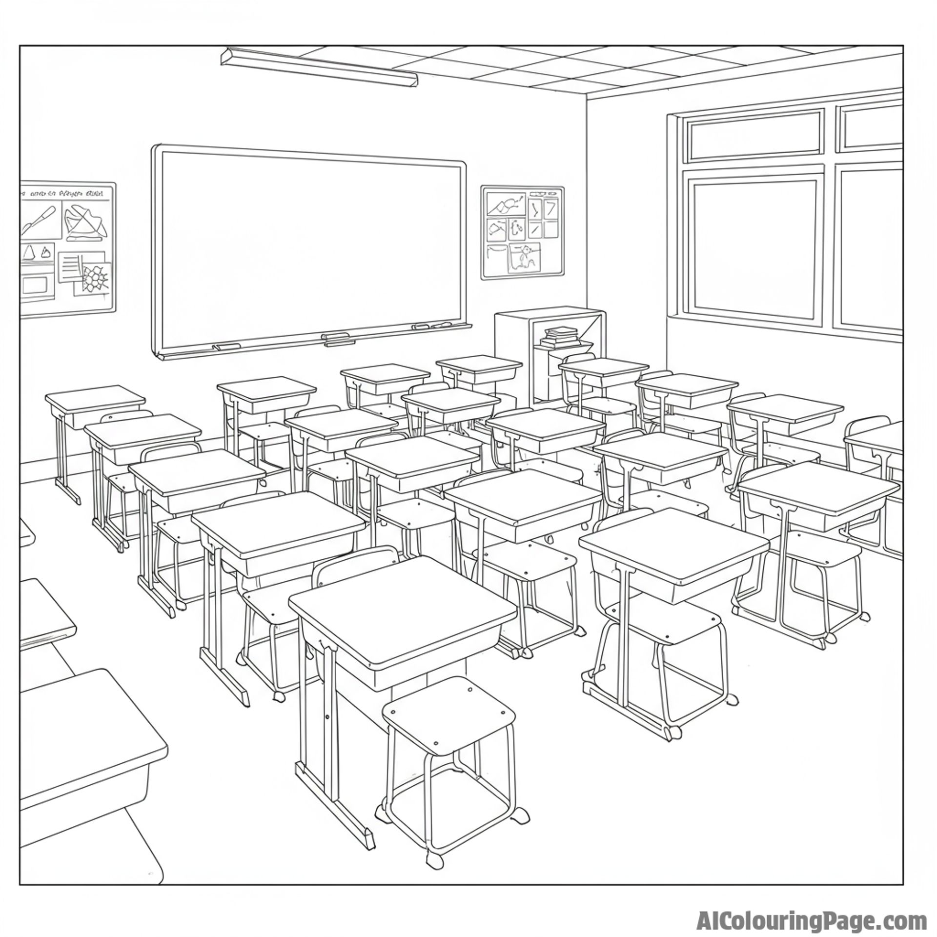 A classroom overflowing with neatly arranged desks, bathed in soft light.