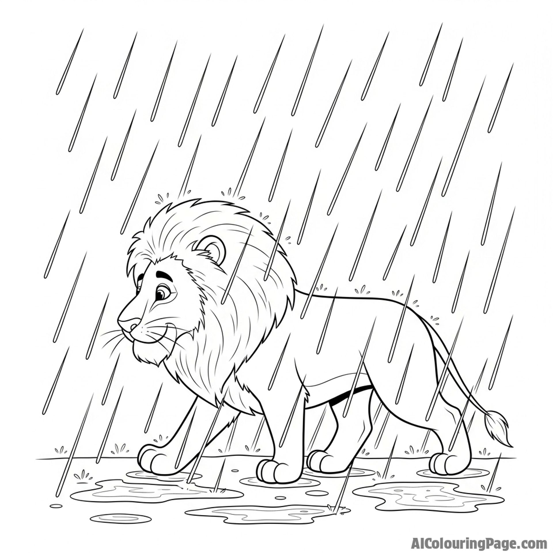 A lone lion walking through a heavy, atmospheric downpour.