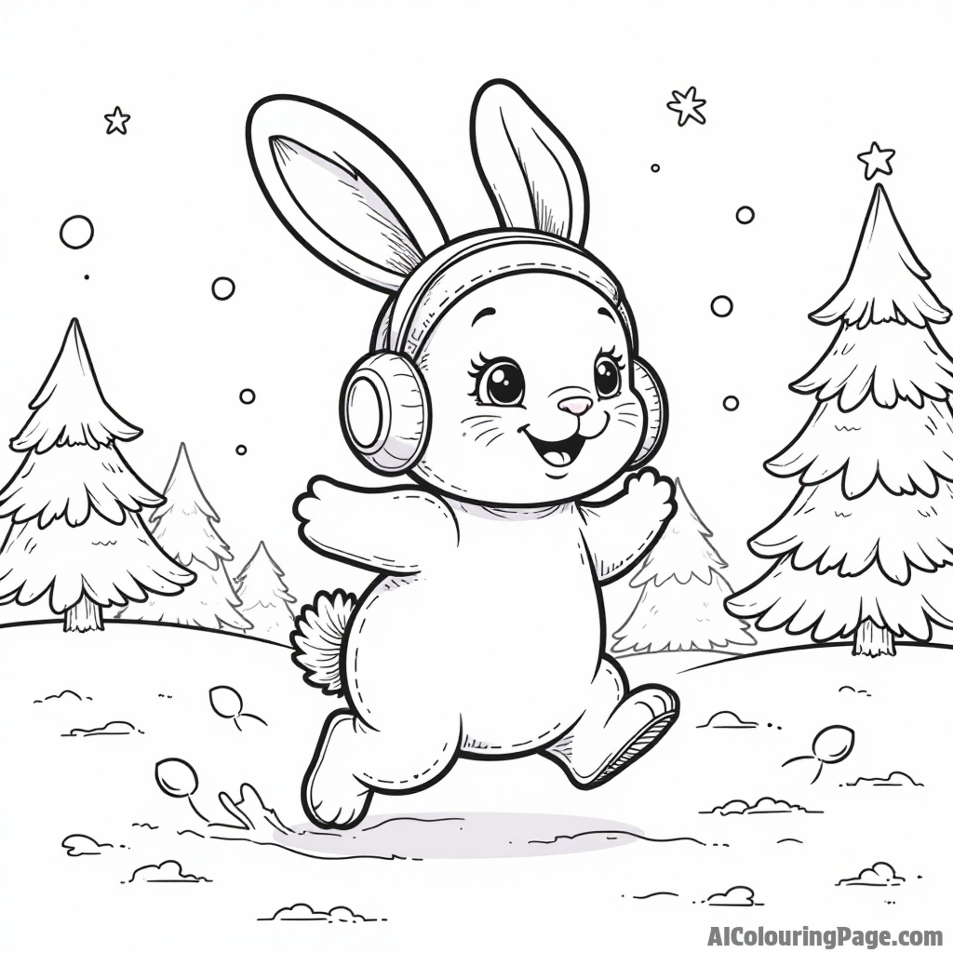 An adorable bunny wearing earmuffs hopping through the snow, with a backdrop of trees and snowflakes all around.