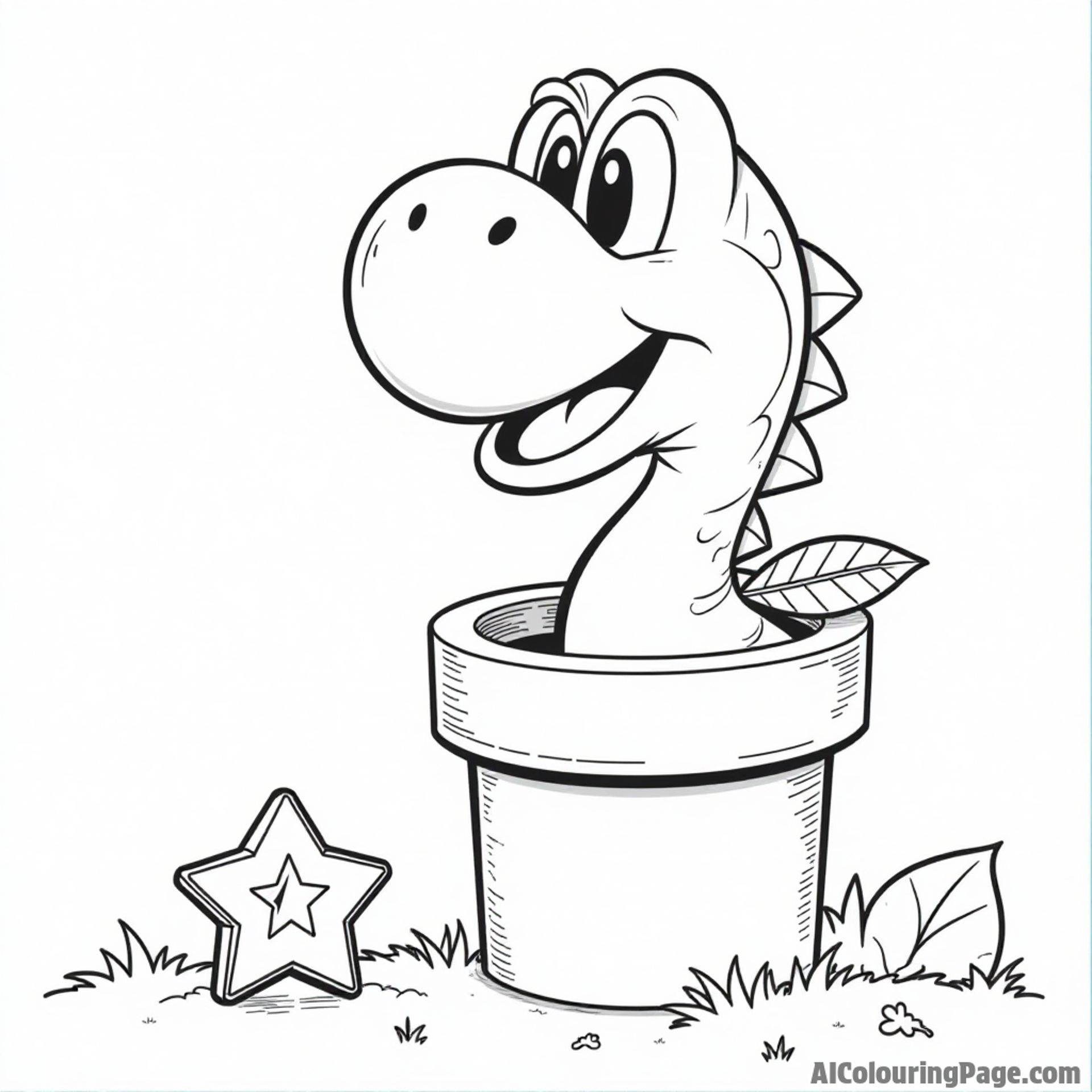 A Piranha Plant peeking out of a pipe with Mario and a Super Star in the foreground.
