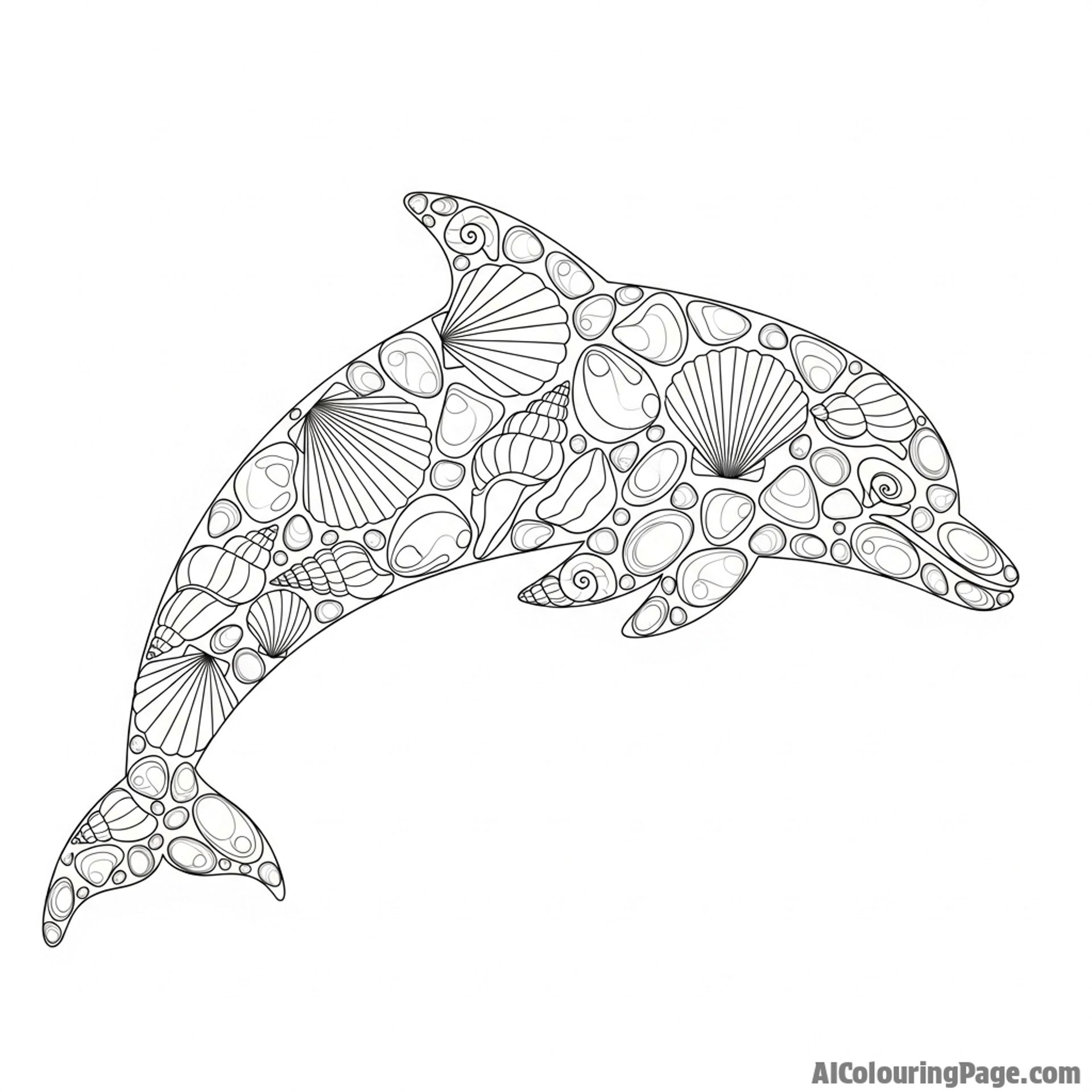 A dolphin created from a collage of seashells, sea glass, and ocean-worn pebbles.