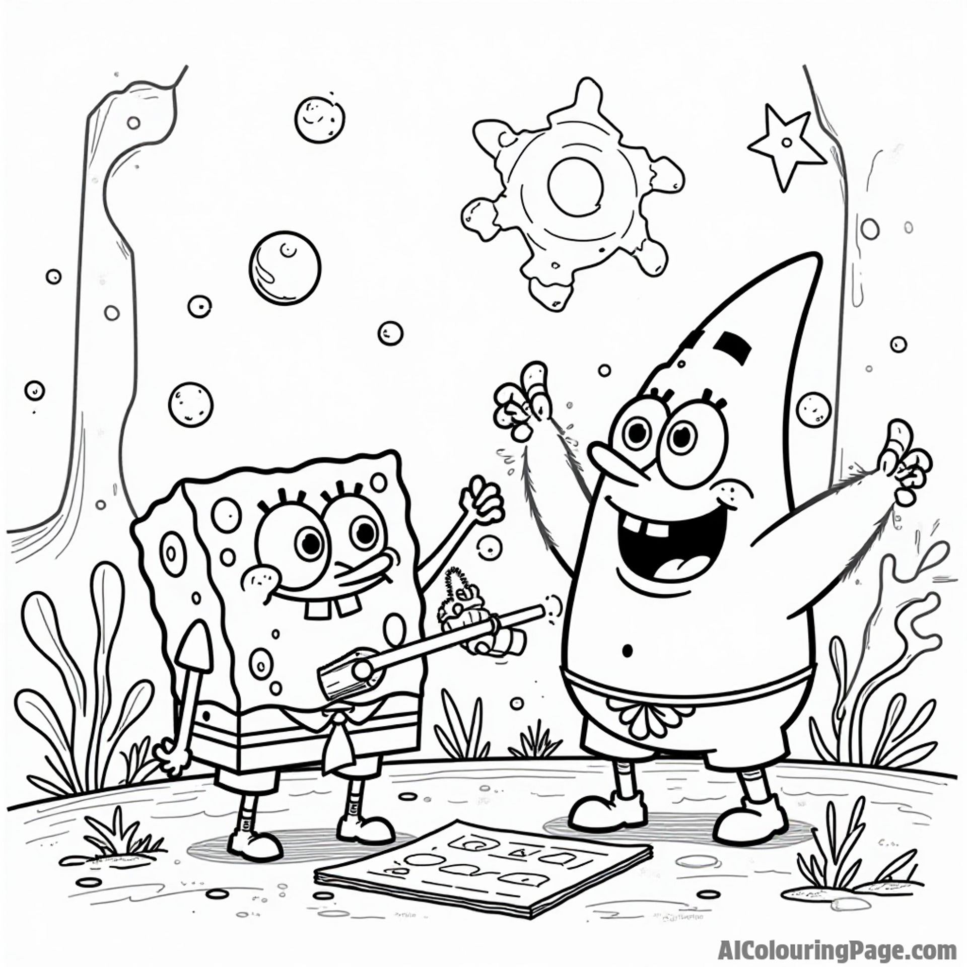 SpongeBob and Patrick building a rocket ship in Bikini Bottom, surrounded by tools, blueprints, and excited fish friends