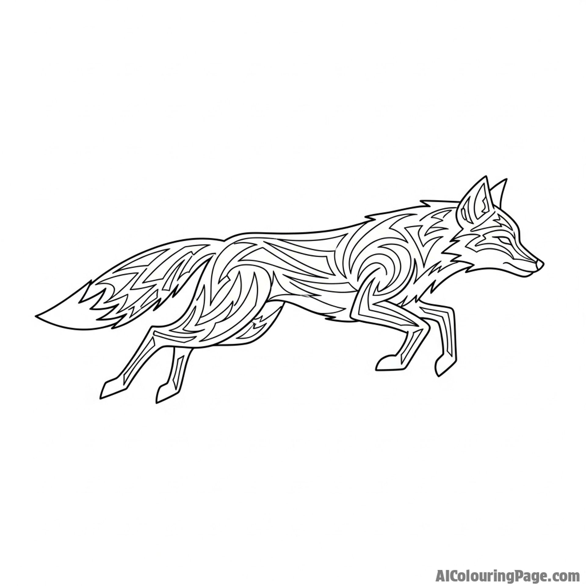 A tribal tattoo design of a stylized, running fox with sharp angles.