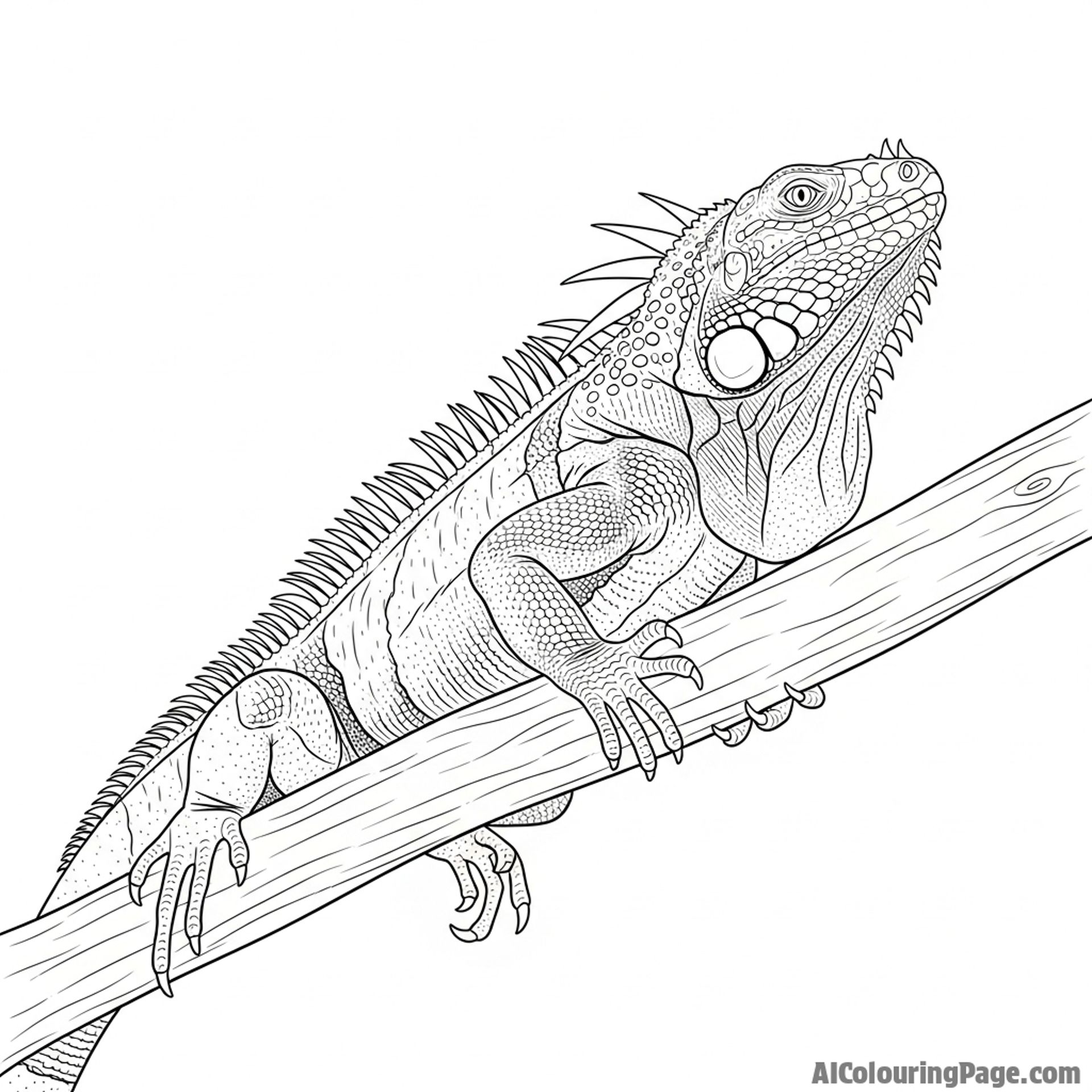 A low-angle shot of a large iguana on a branch, appearing monumental against the sky.