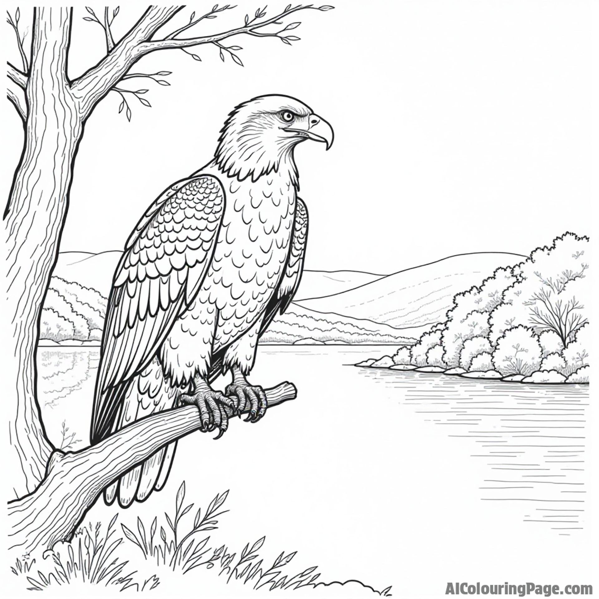A majestic bald eagle perched on a tree branch, overlooking a peaceful Pennsylvania river, symbolizing freedom and American pride.