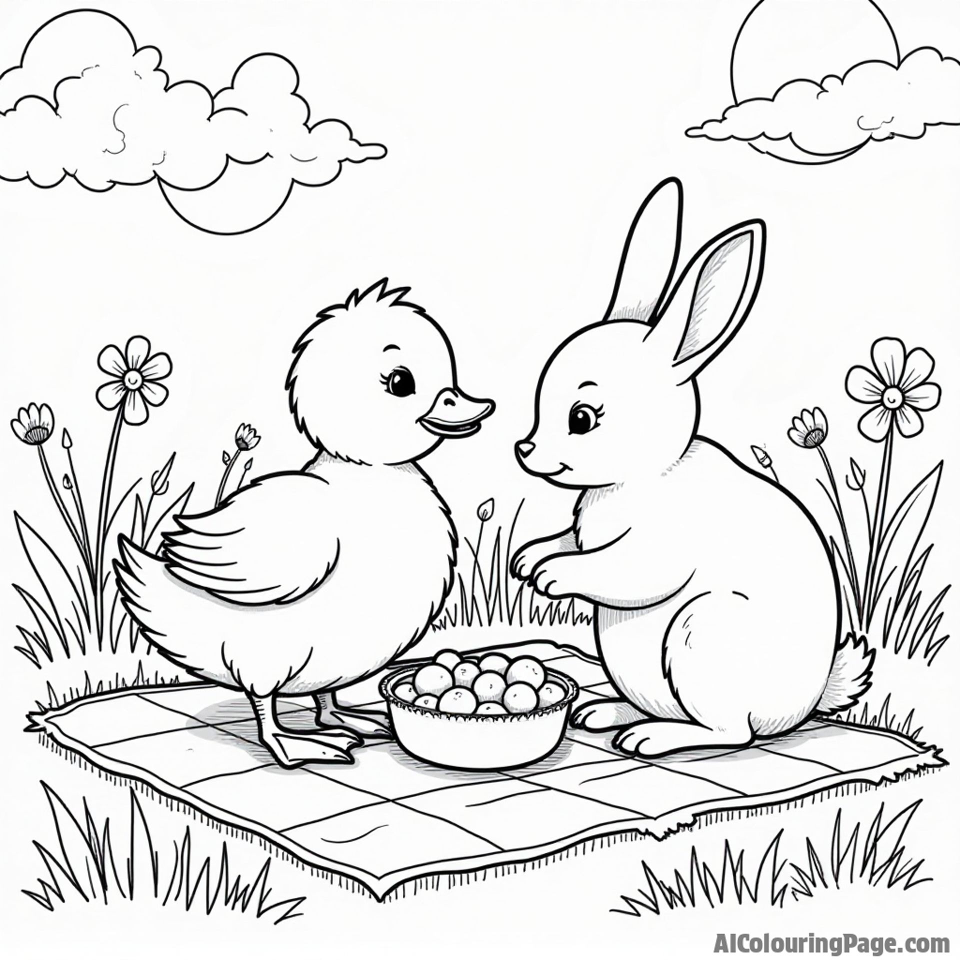 A duck and a rabbit sharing a picnic on a checkered blanket in a sunny meadow with flowers.