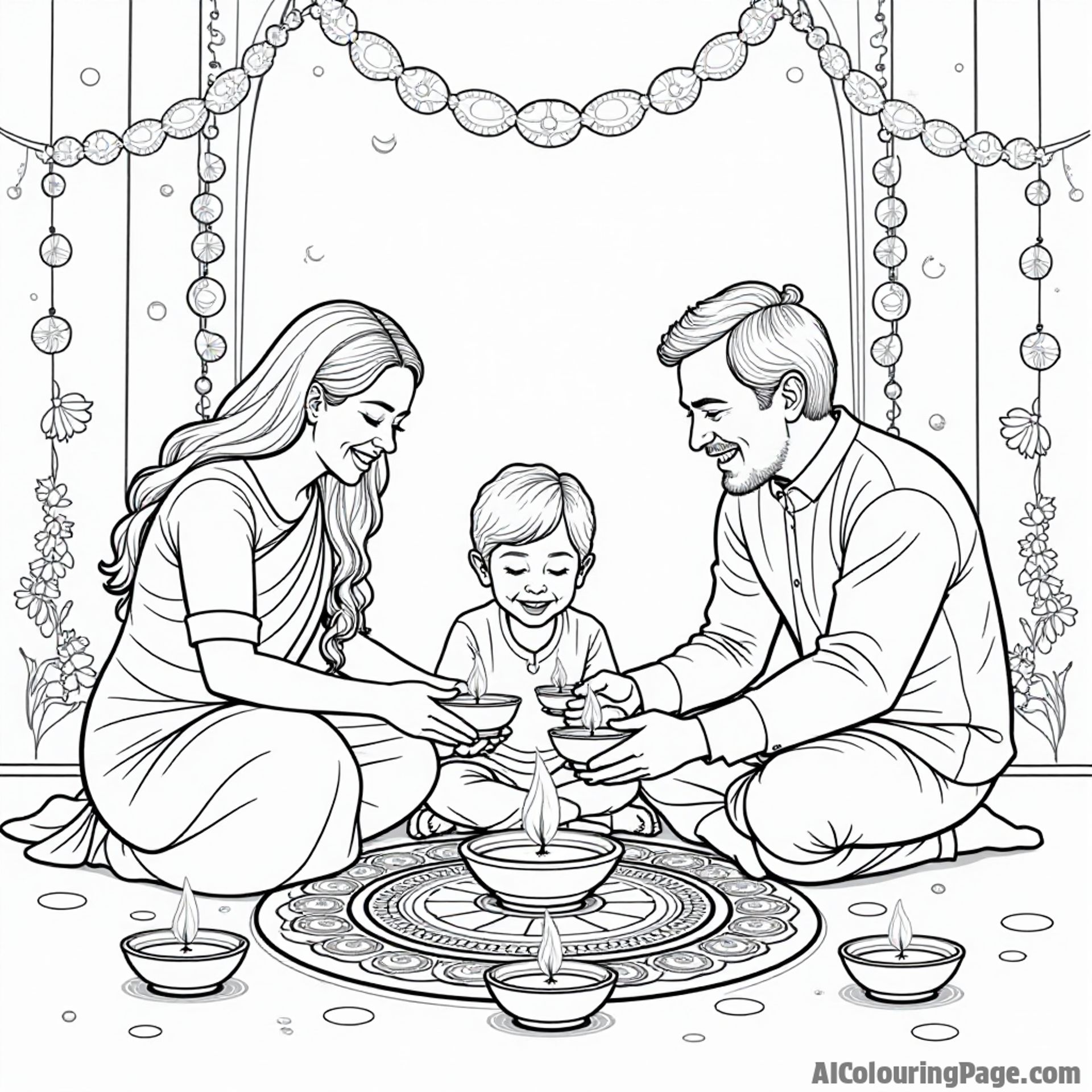 A joyful family decorating their home with colorful rangoli patterns, surrounded by diyas and festive garlands, showcasing the spirit of togetherness during Diwali celebrations, for a Festivals and Traditions Coloring Sheets.
