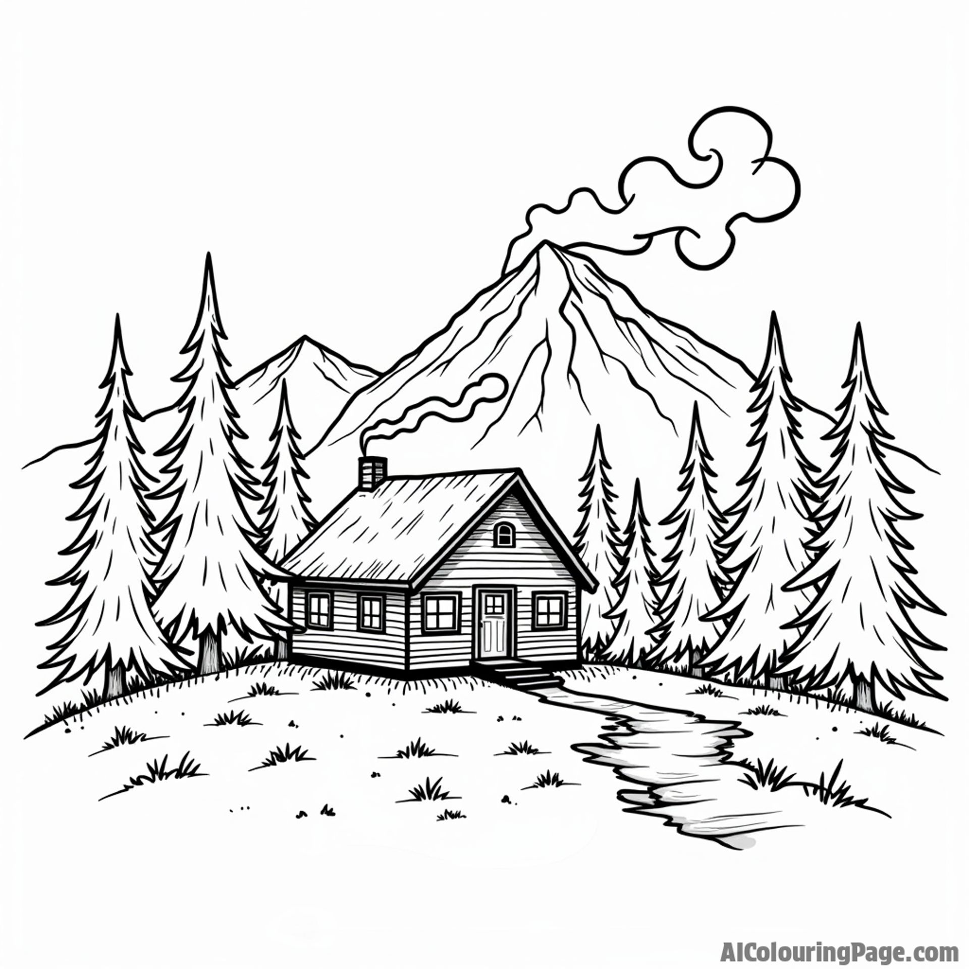A remote mountain cabin nestled amongst pine trees, smoke rising from the chimney.