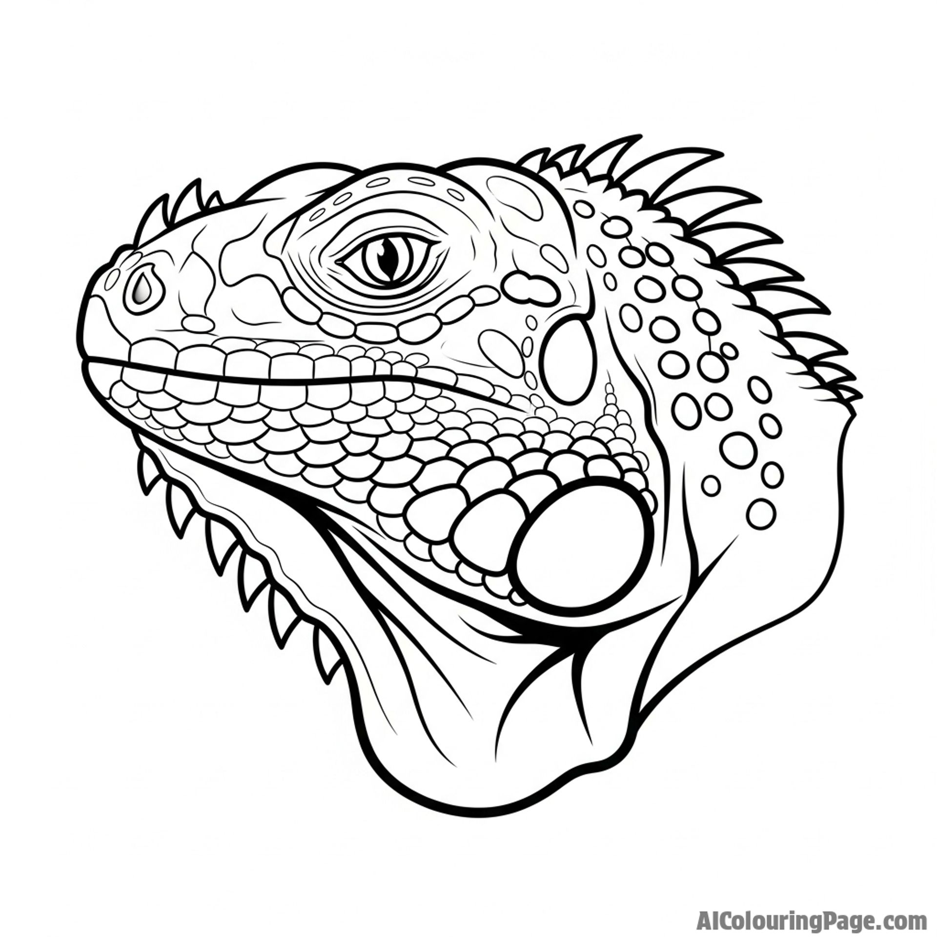 A close-up on the powerful jawline and subtympanic shield of an iguana.
