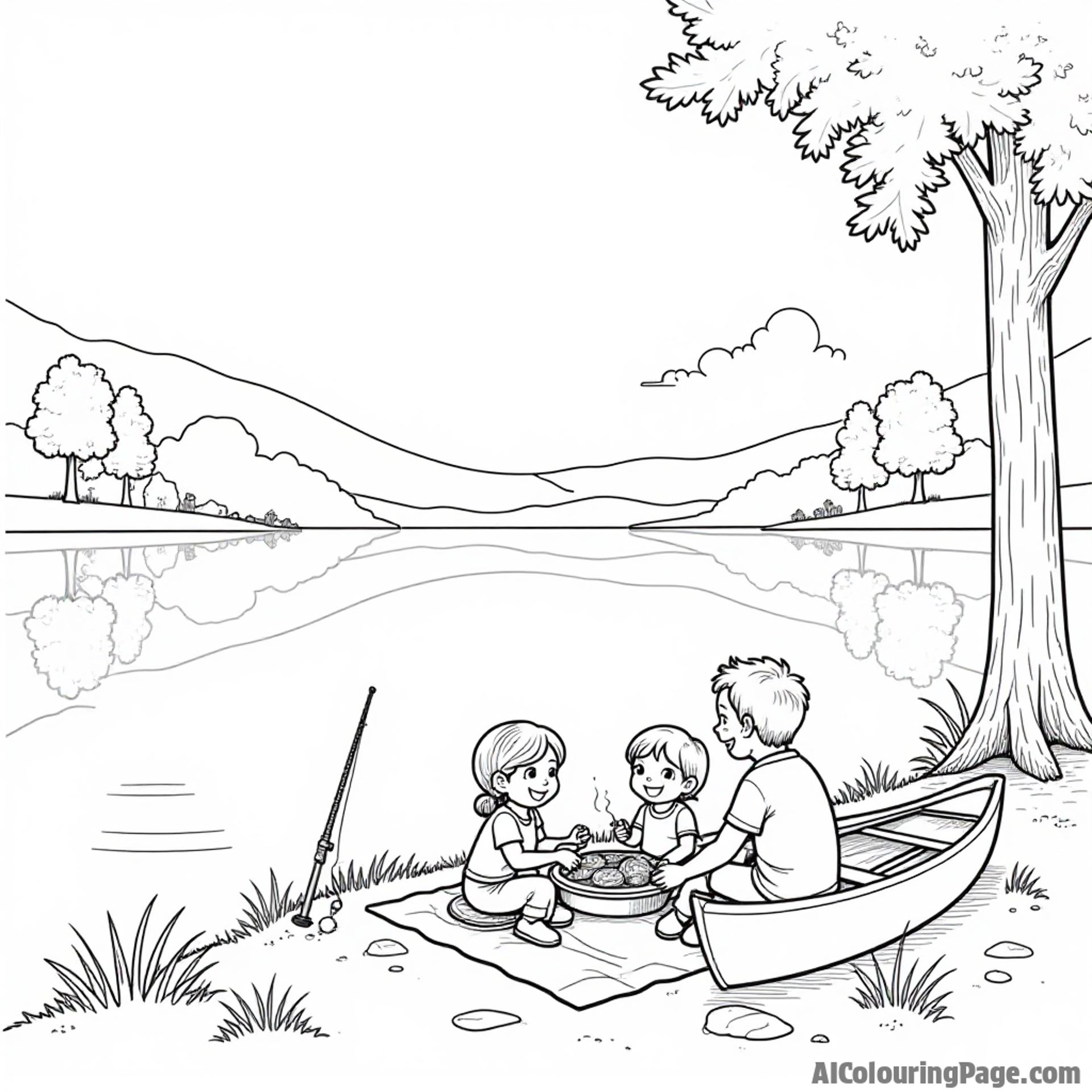 A happy family enjoying a picnic by a serene lake, with a fishing rod and a canoe waiting nearby to color.