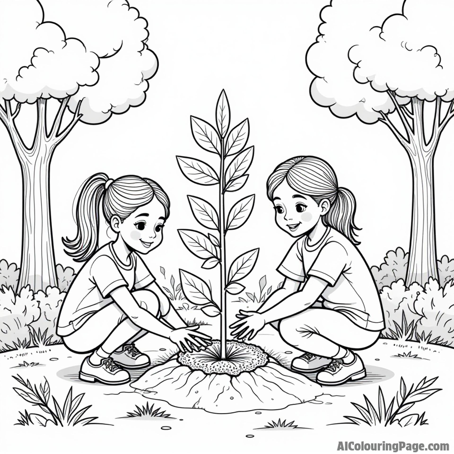 The girls planting trees in a community park, surrounded by kids and animals, promoting environmental awareness and teamwork