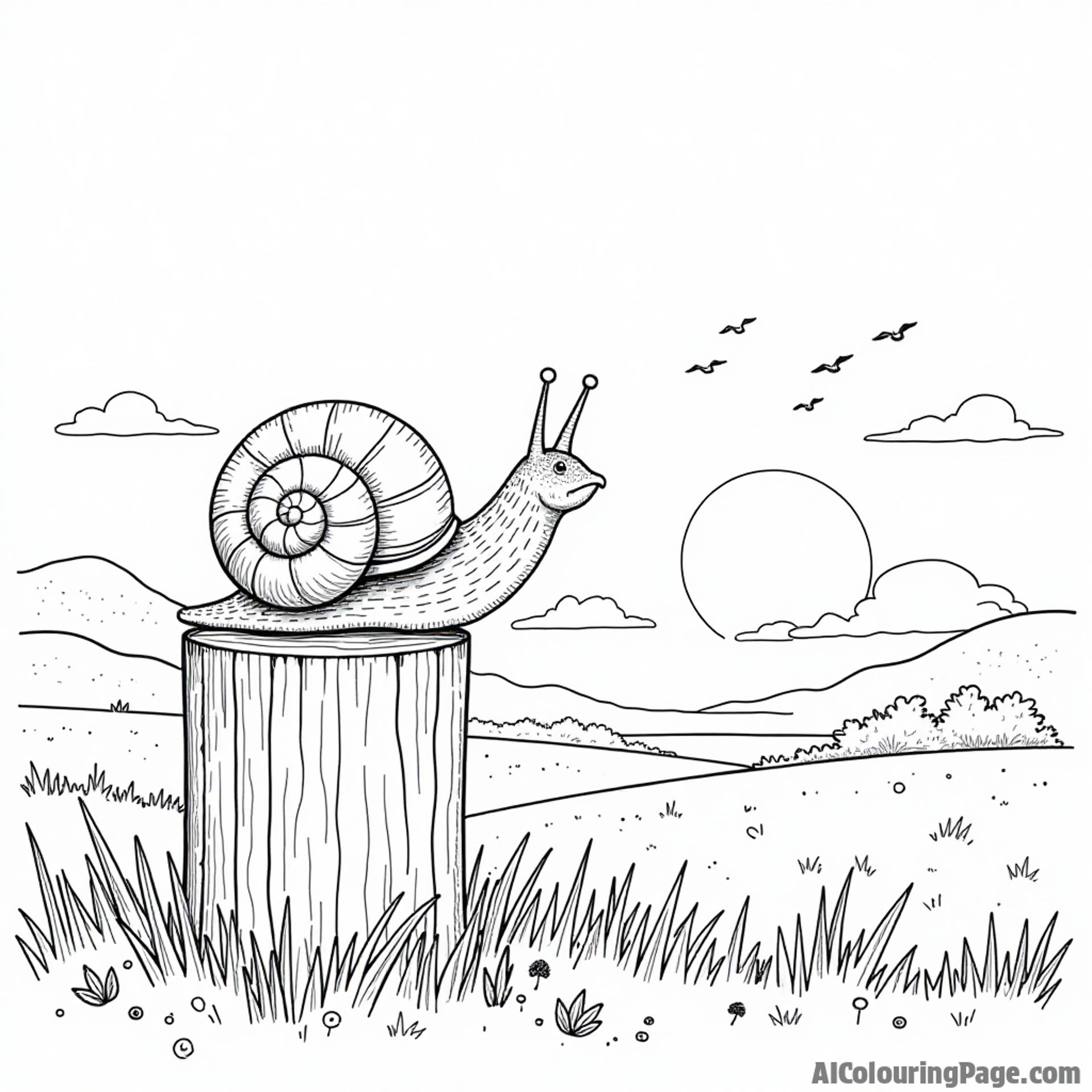 A snail sitting on a fence post, with a sunset backdrop and birds flying in the distance for young artists.