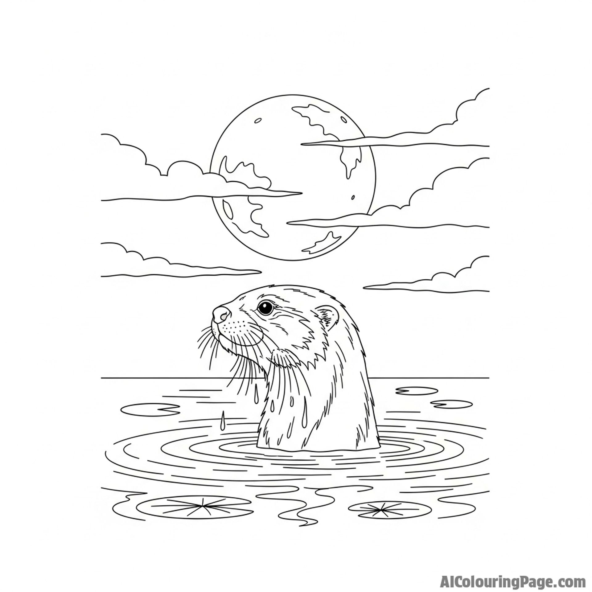A shadowy otter emerging from dark water under a full moon.
