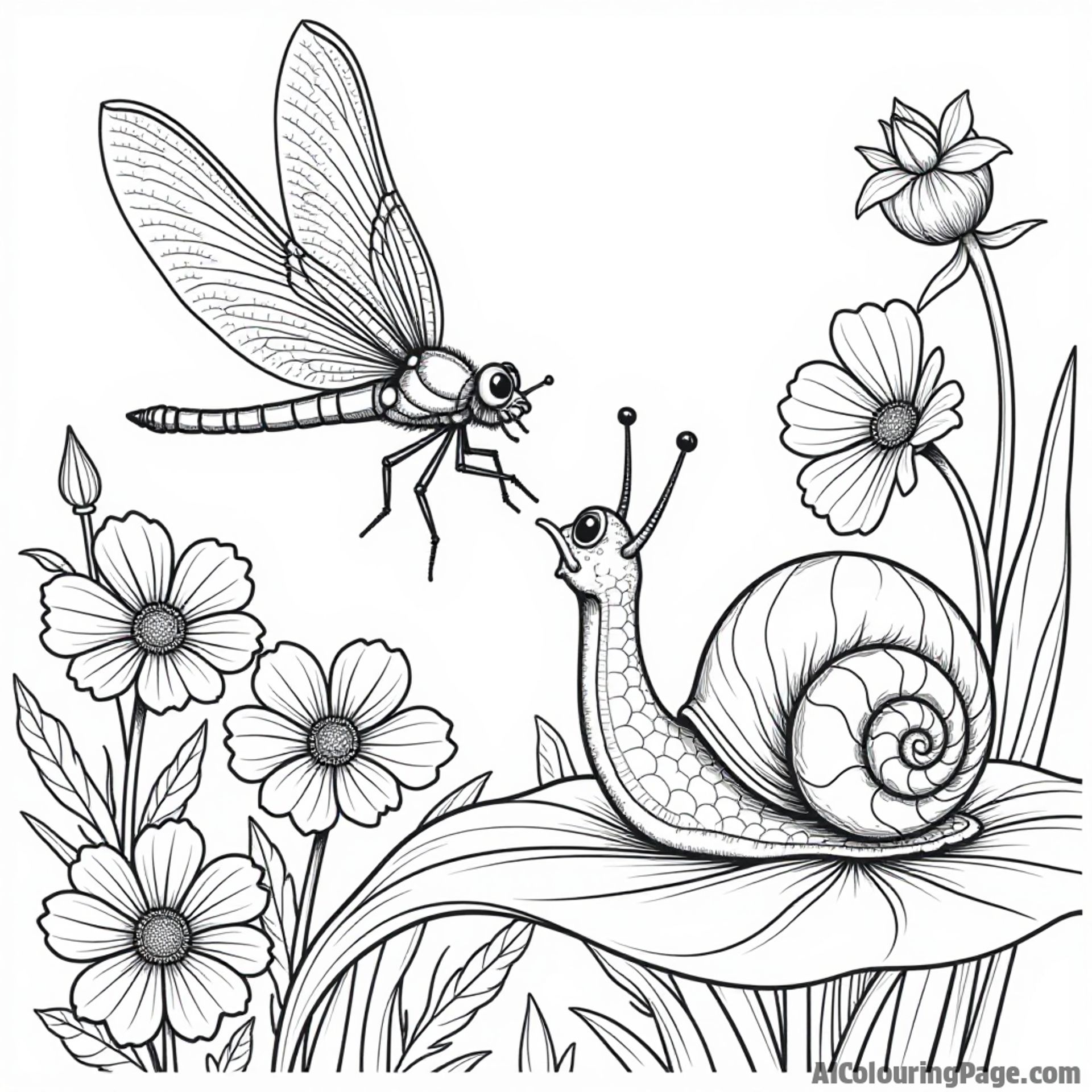 A dragonfly exploring a garden full of vibrant flowers and a friendly snail slowly making its way across a leaf.
