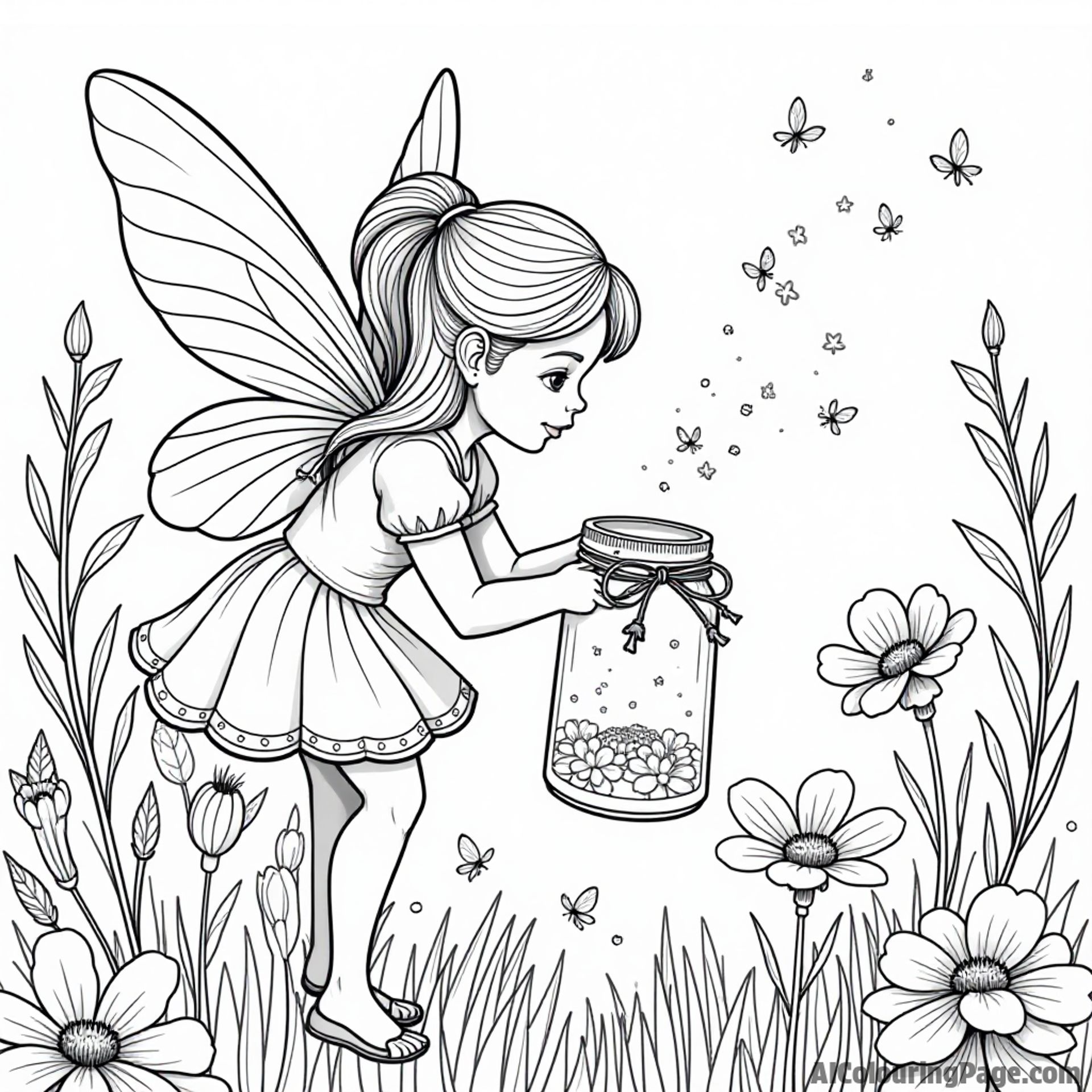 A fairy gathering glowing fireflies in a jar while perched on a flower in a lush garden