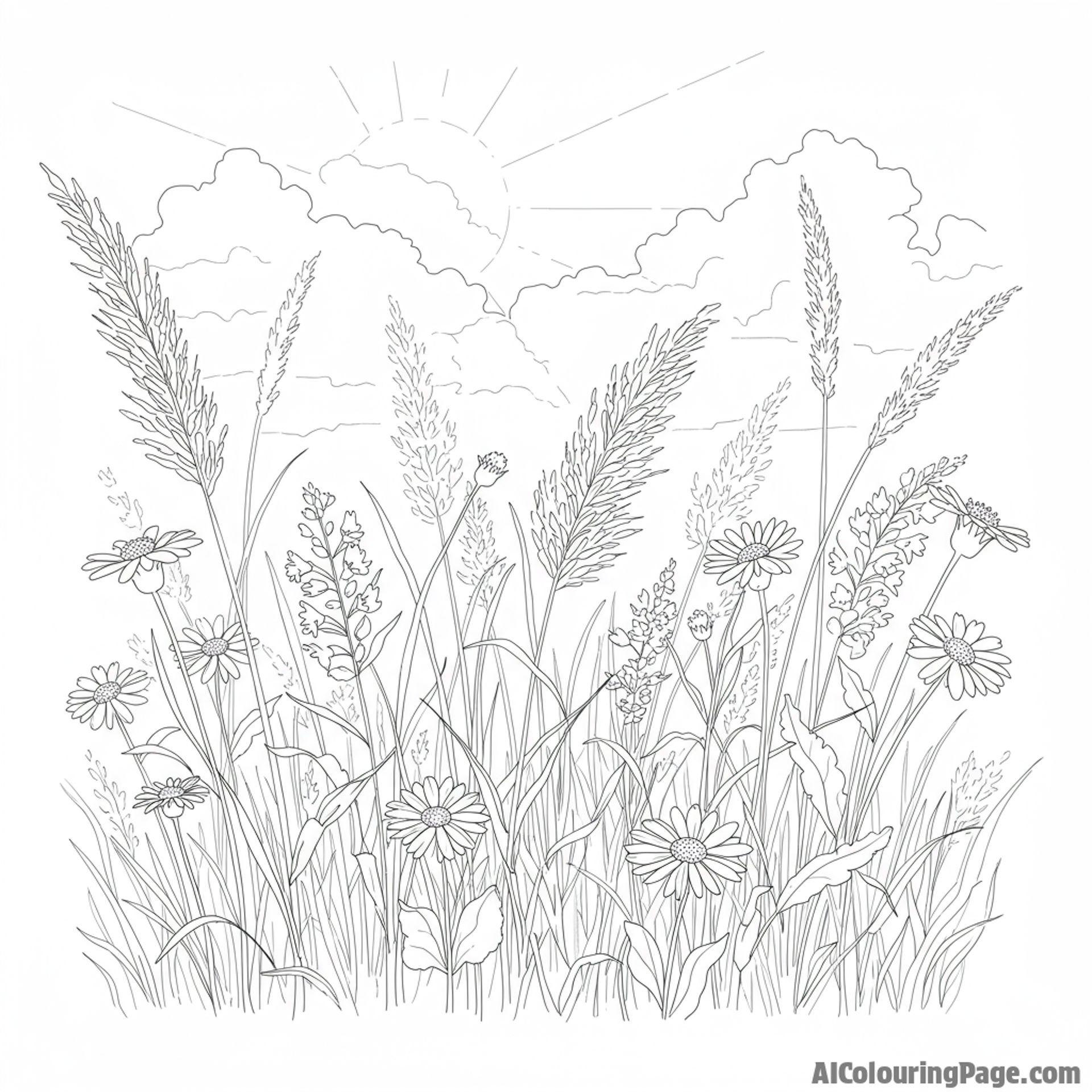 A field of wildflowers swaying gently in the breeze, under a bright sky.