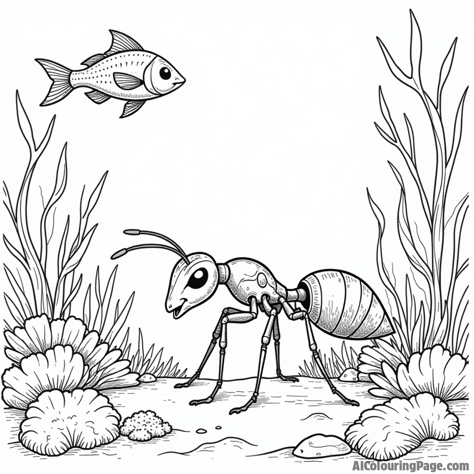 An ant exploring an underwater scene with fish and seaweed, inspiring unique and imaginative coloring adventures for kids.