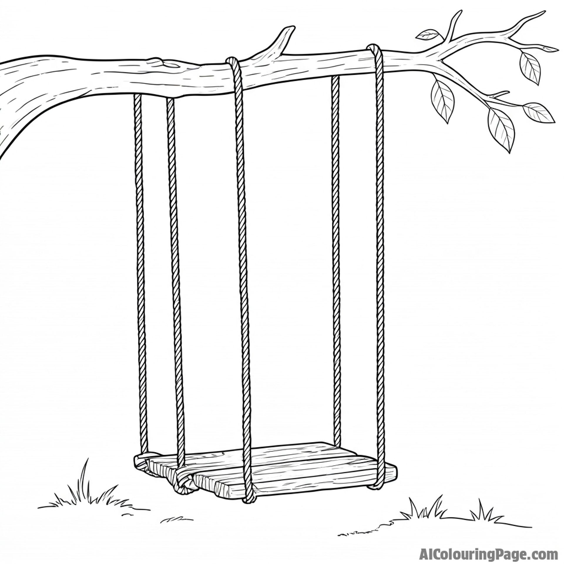 Abandoned swing hanging from a branch, childhood memories, lost innocence, silent playground.