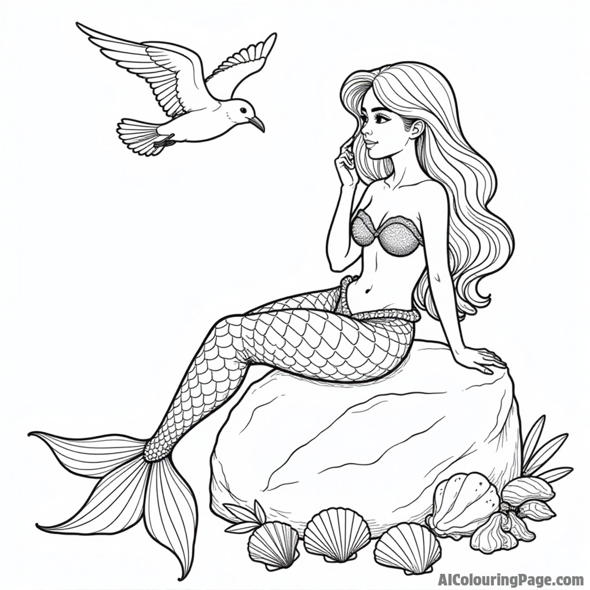 A mermaid lounging on a rock, surrounded by seashells, as a curious seagull watches her from above.