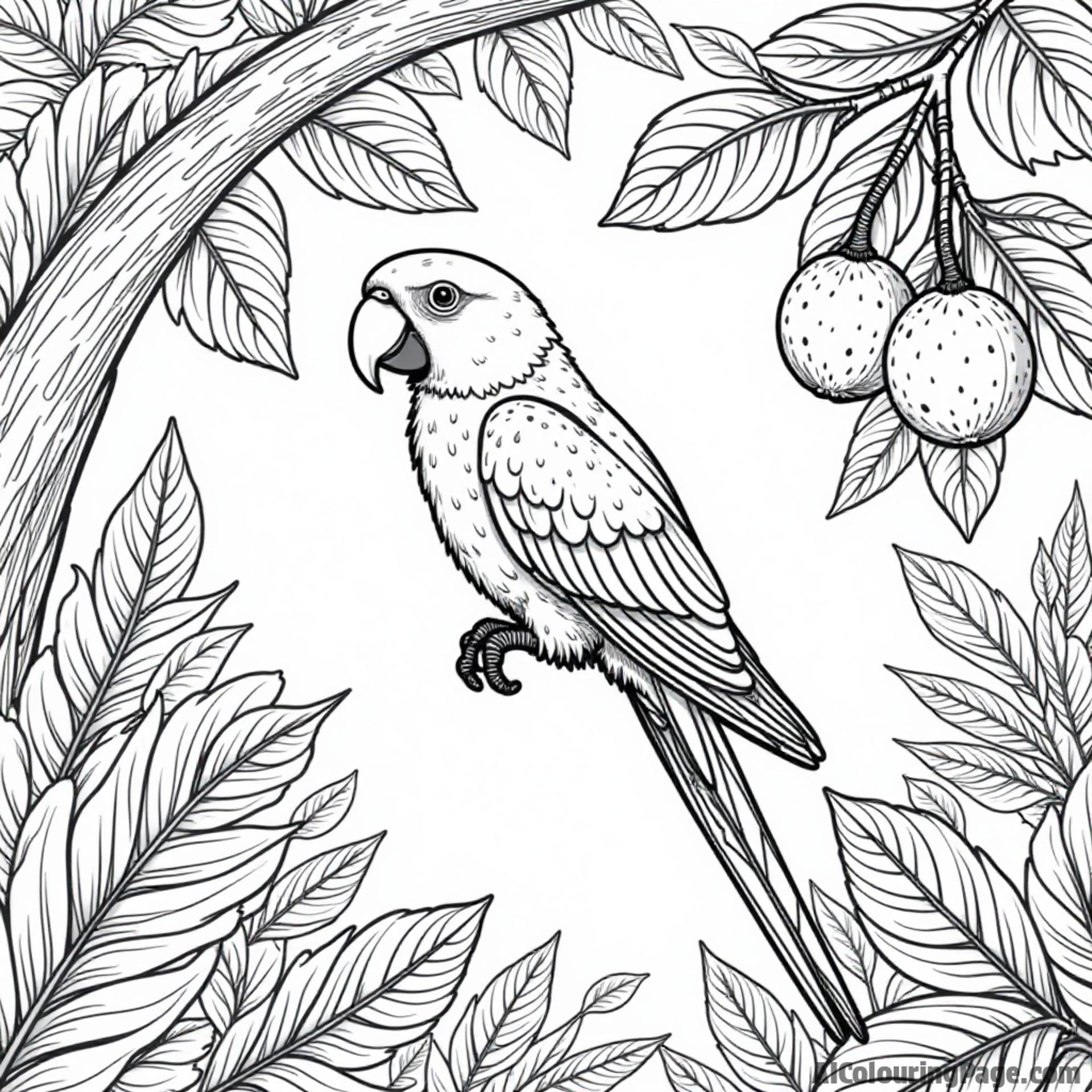 A parrot swinging on a vine with exotic fruits hanging nearby, set against a backdrop of lush jungle foliage