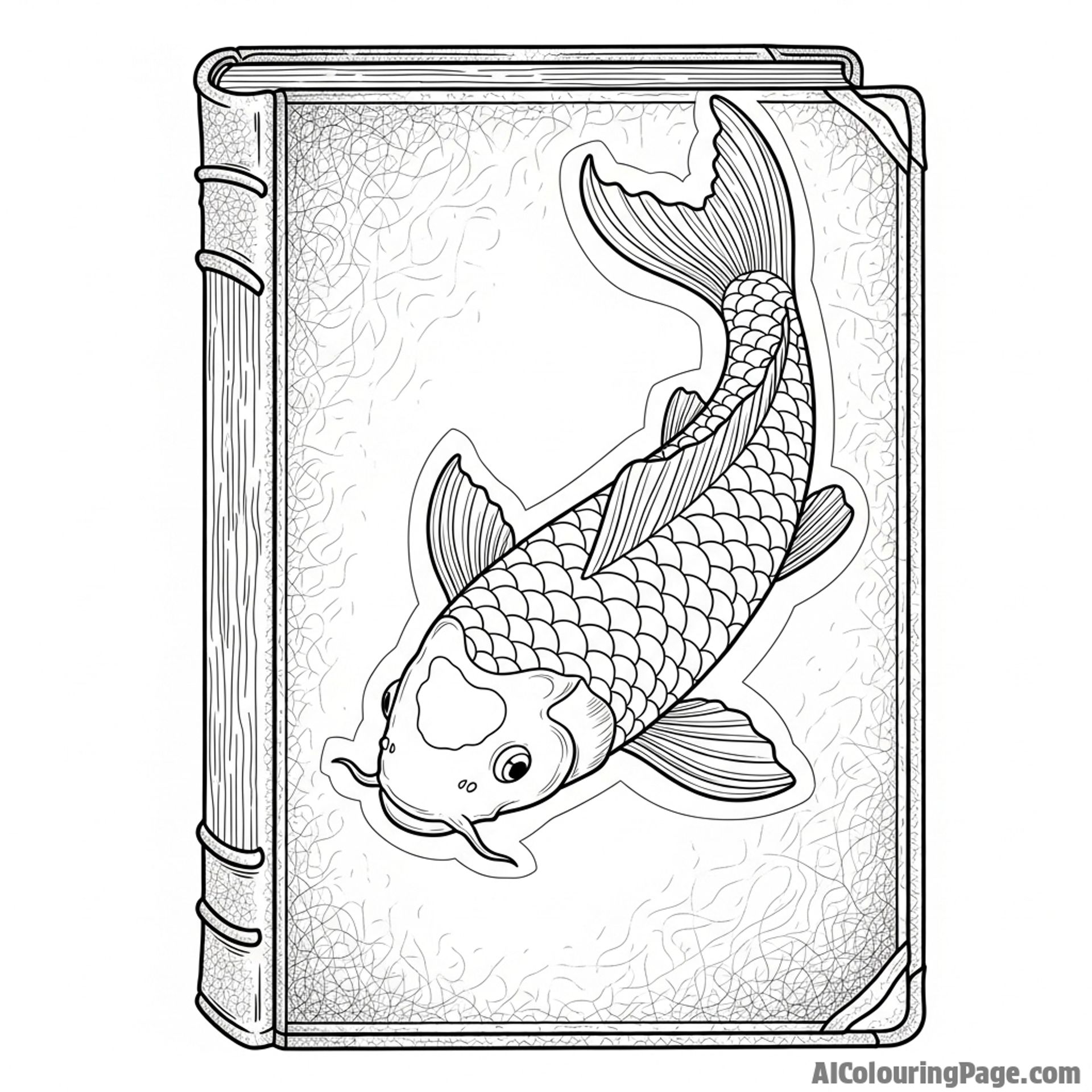 The image of a single koi fish deeply embossed onto the leather cover of an old book.