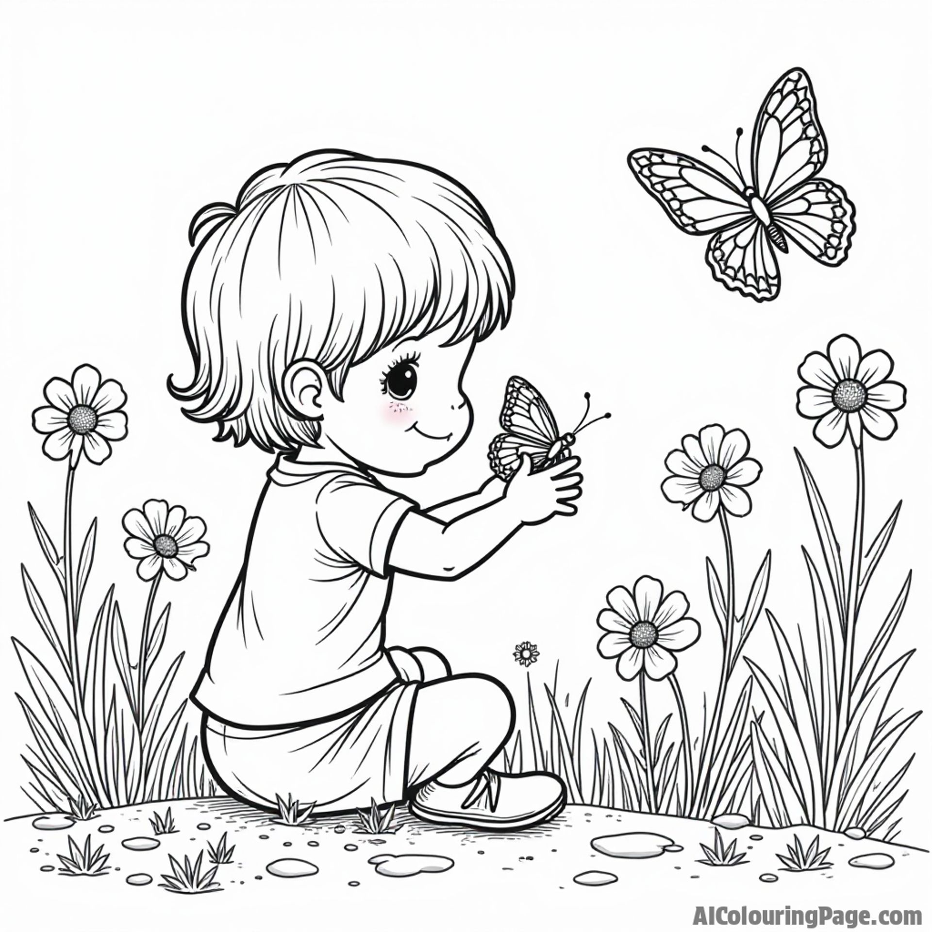 A butterfly sitting on a child’s shoulder while they explore a flower garden, perfect for imaginative coloring adventures.