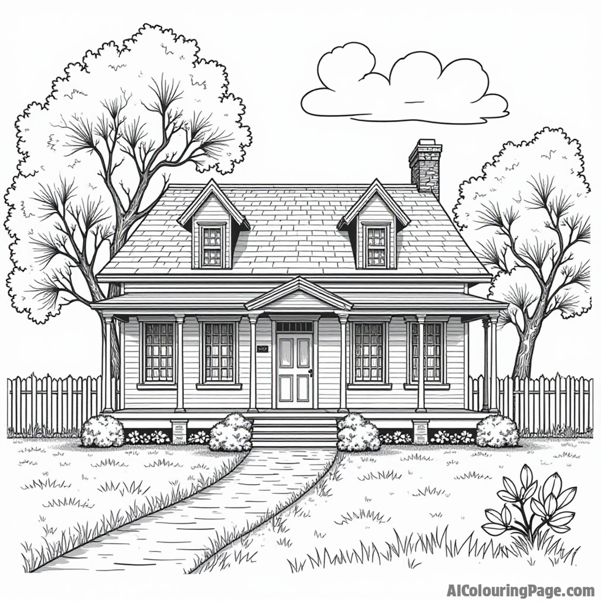 A quaint Mississippi plantation house surrounded by magnolia trees and a wooden fence, perfect for a coloring page.