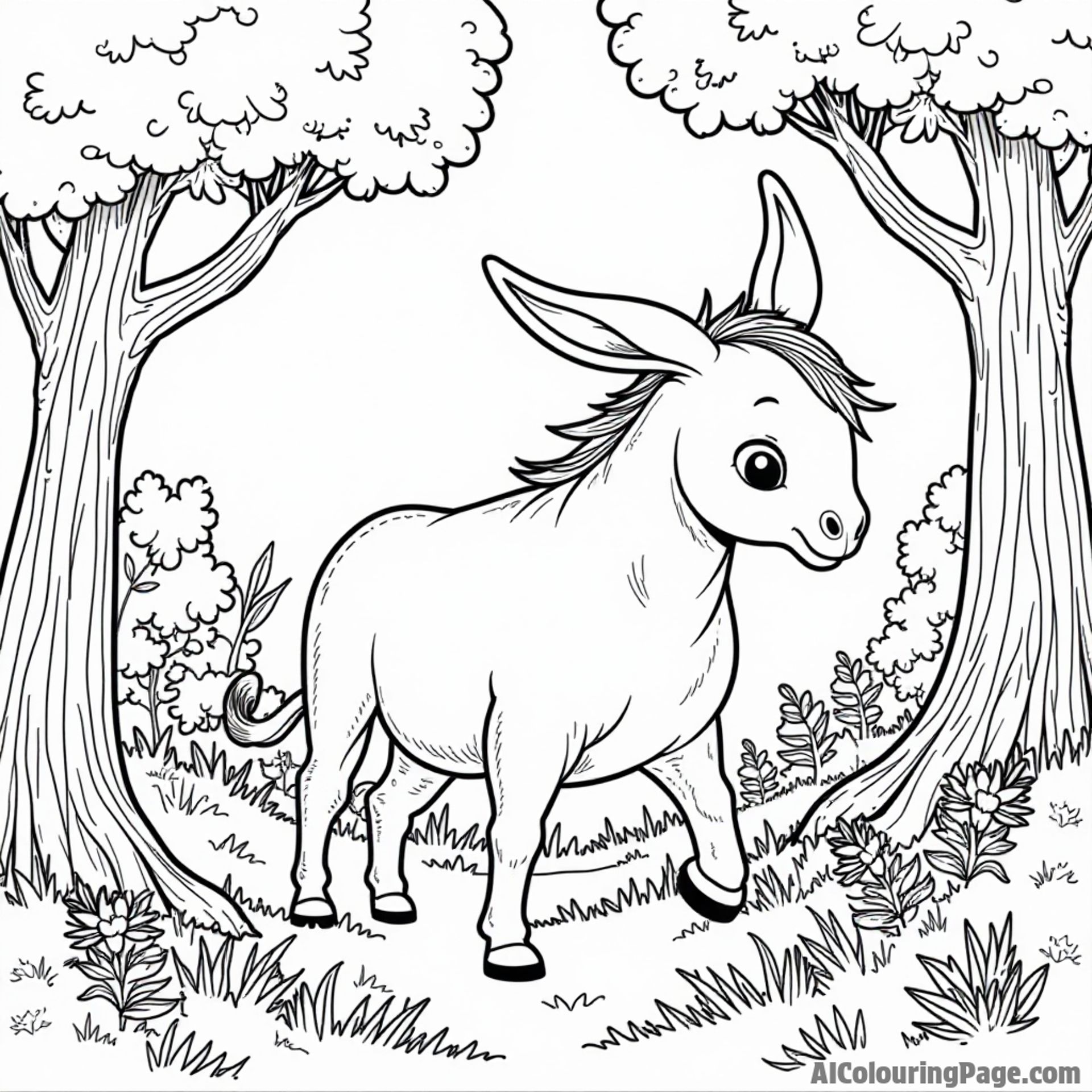 A donkey exploring an enchanted forest, with magical creatures peeking out from behind trees and colorful plants
