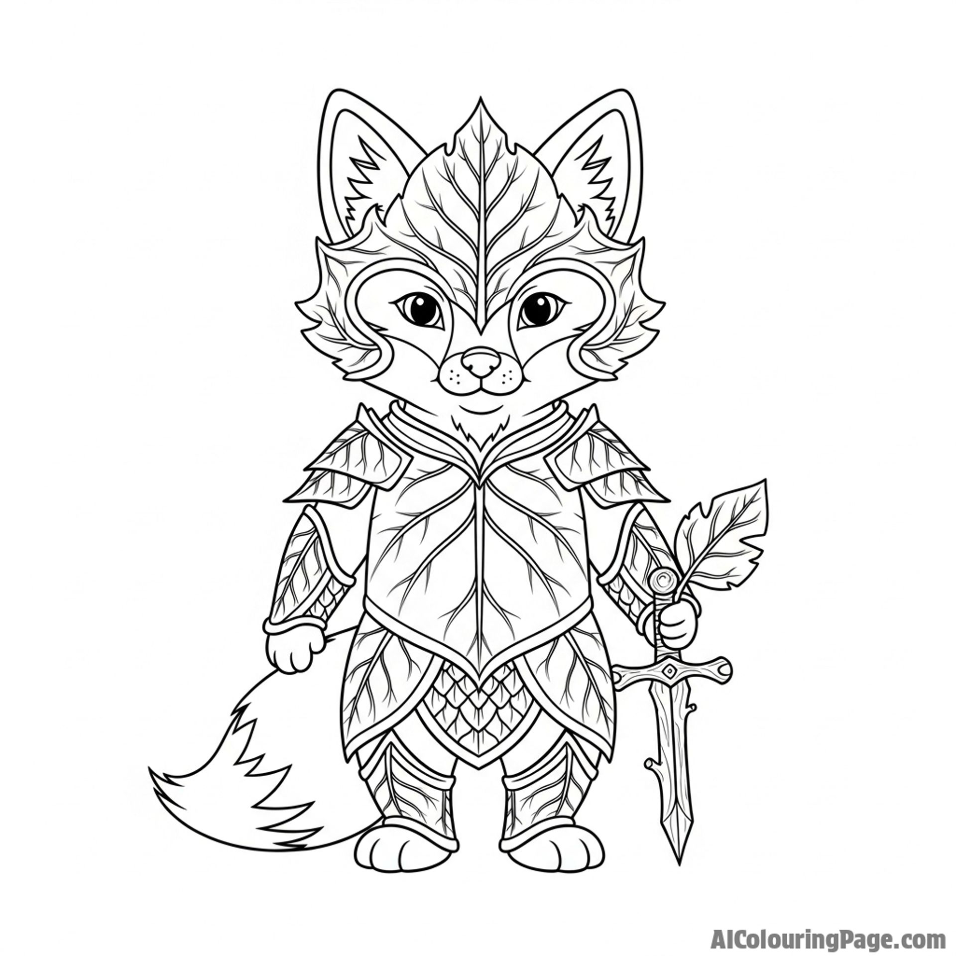A fox knight in ornate, leaf-shaped armor, holding a tiny twig sword.