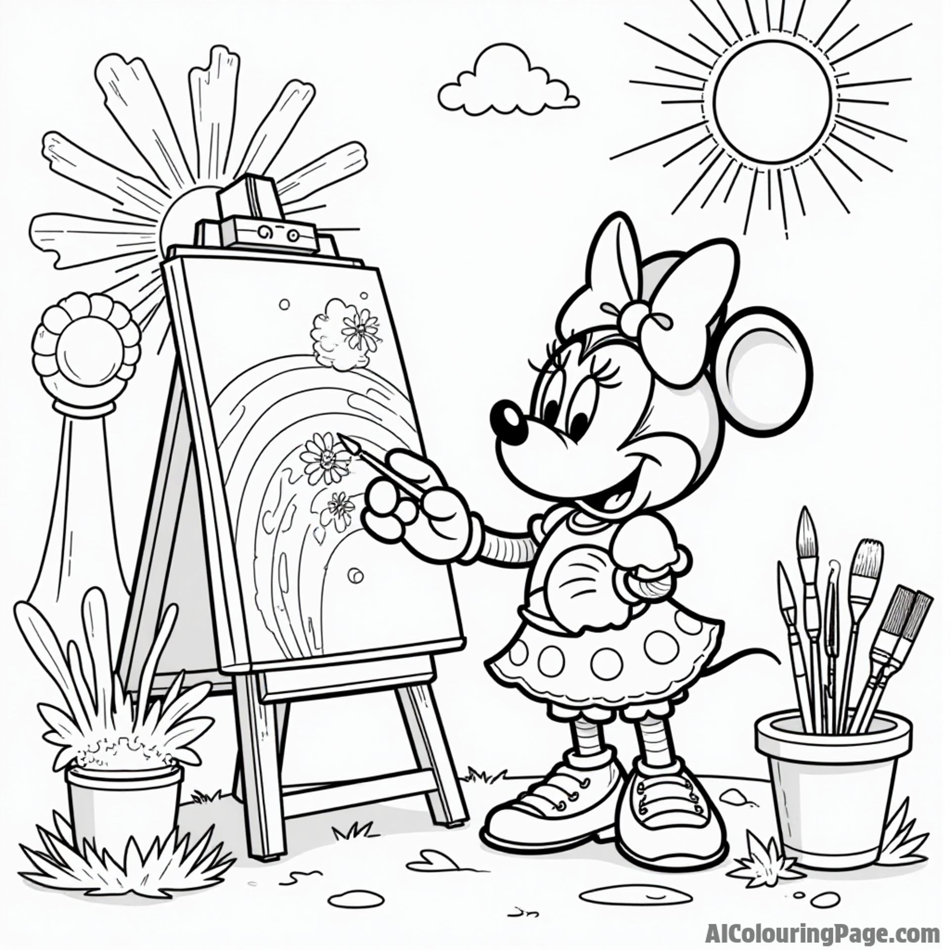 Minnie Mouse painting a canvas in her art studio, with paintbrushes, colorful paints, and a cheerful sun shining outside