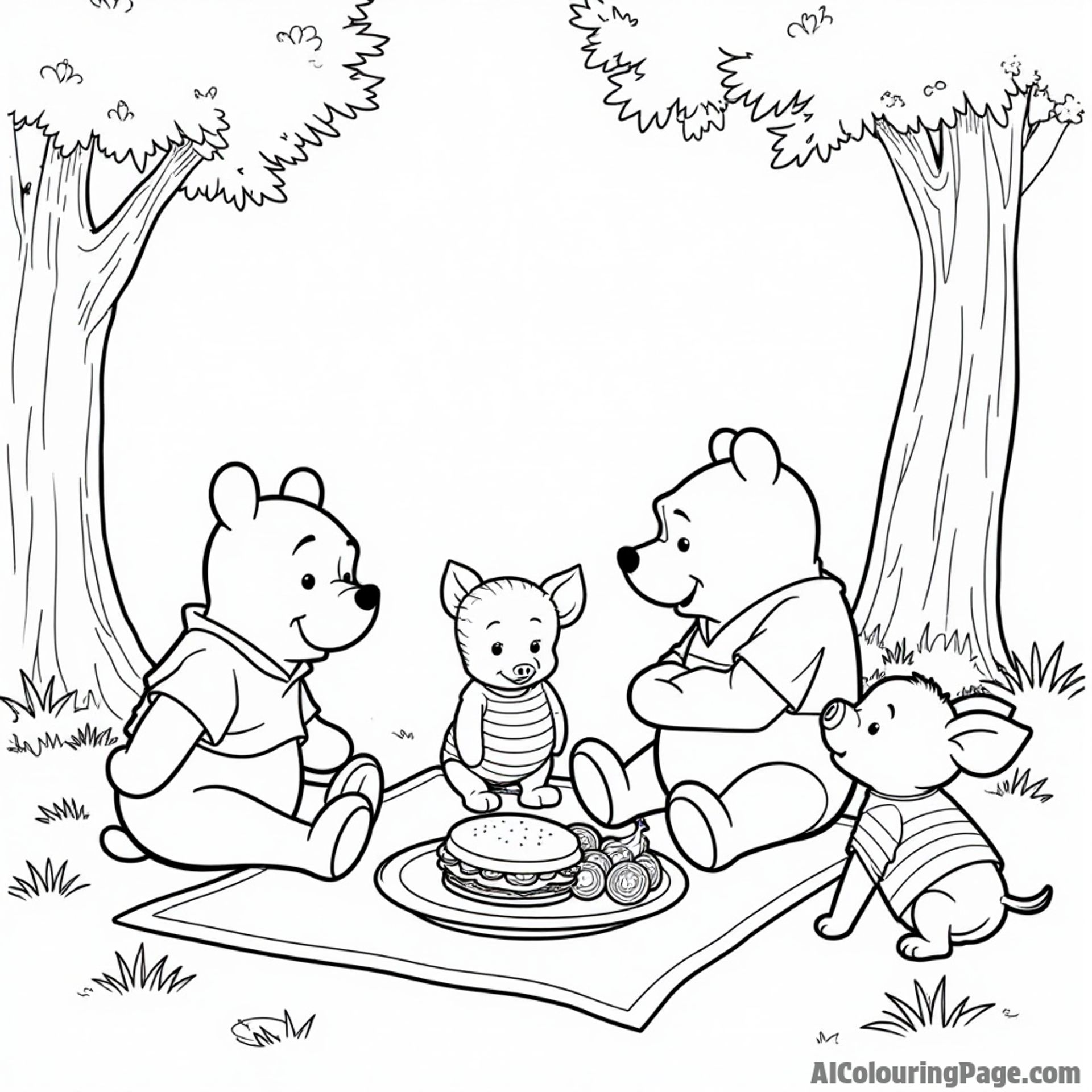 Kanga and Roo enjoying a picnic, with sandwiches and fruit laid out, while Pooh and Piglet approach curiously.