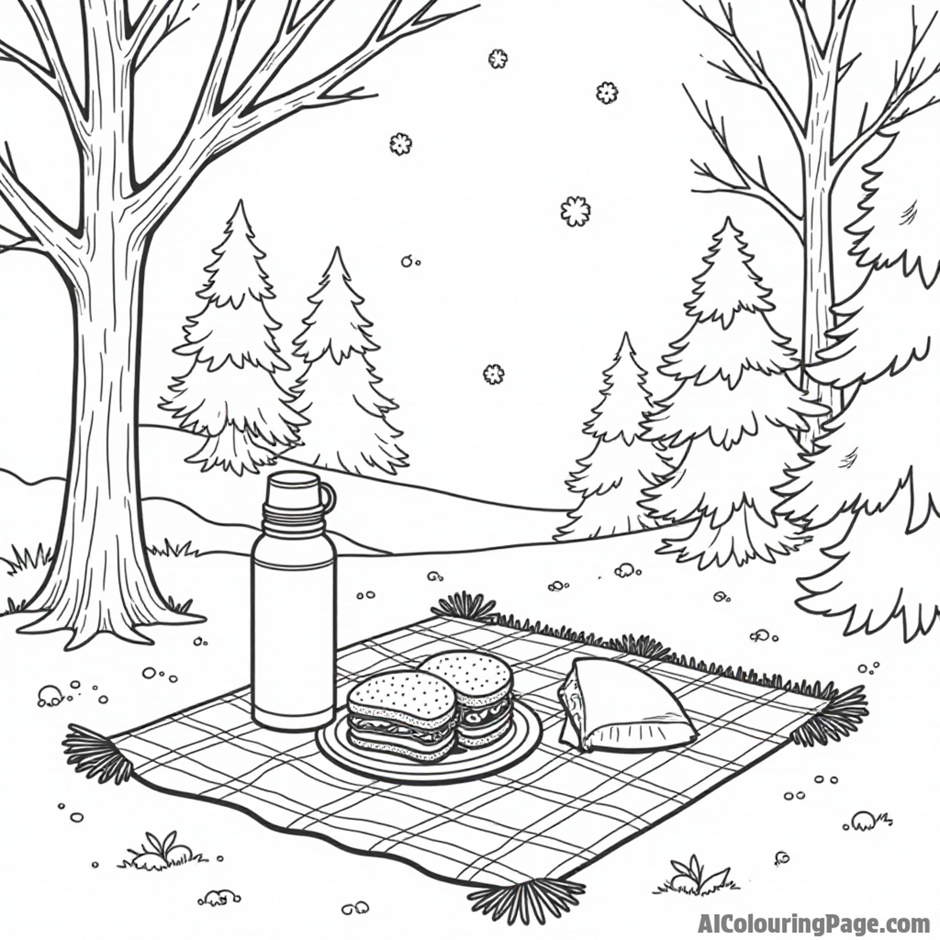 A winter picnic scene with a thermos, sandwiches, and a blanket spread out on the snow, surrounded by trees.