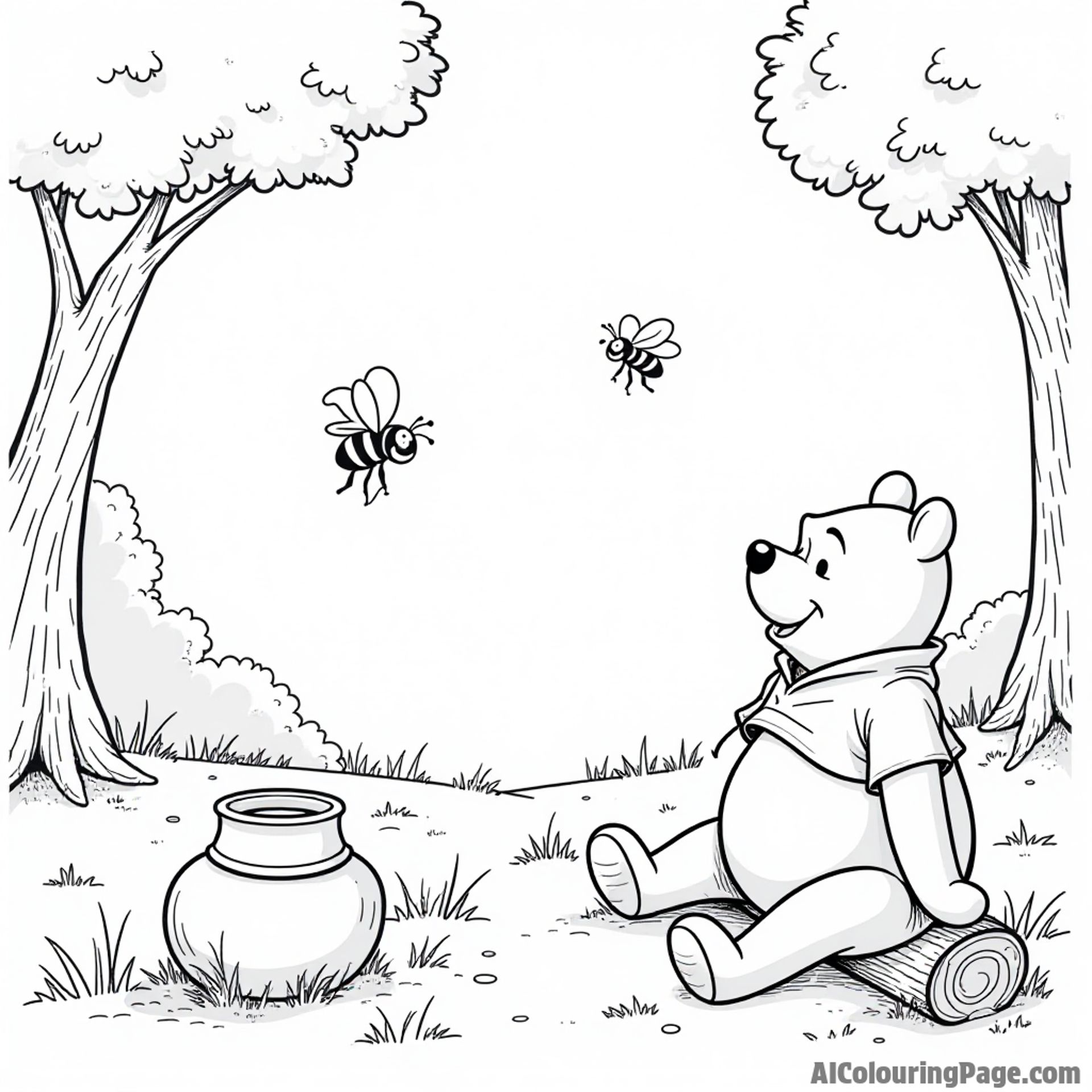 Winnie the Pooh sitting on a log, surrounded by buzzing bees and a pot of honey, with trees in the background.