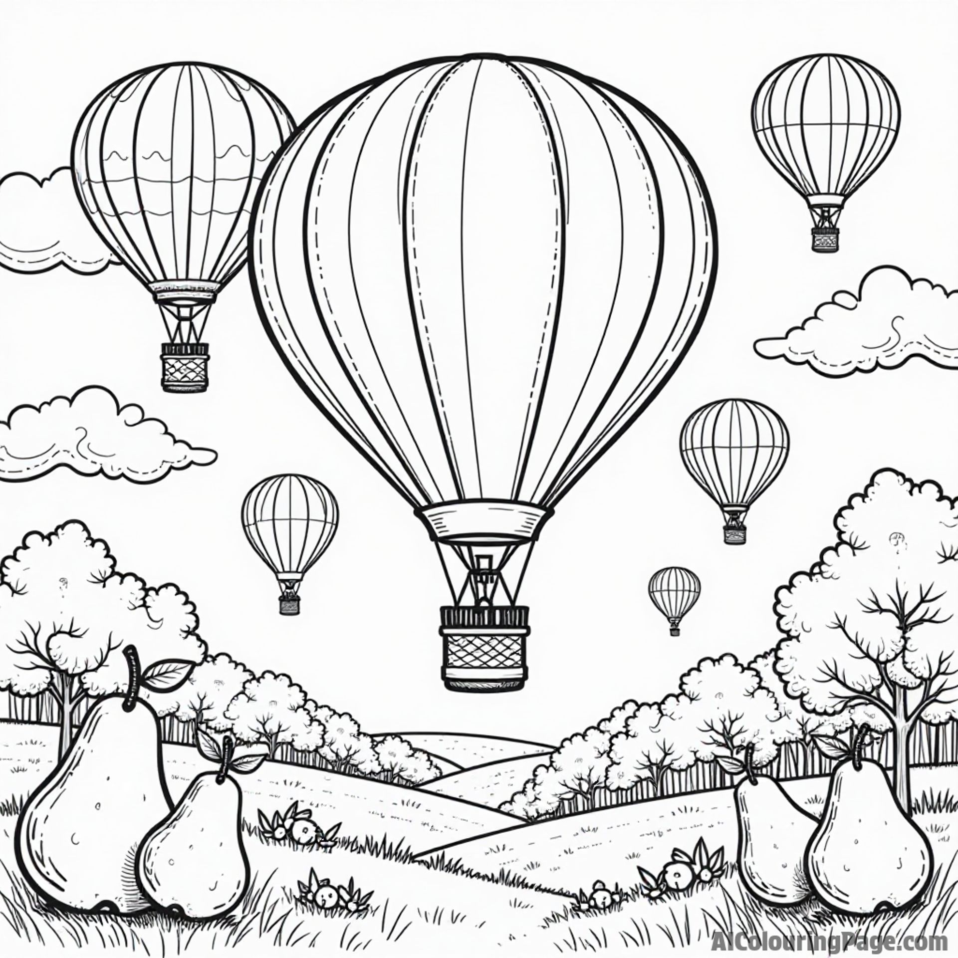 A pear-themed hot air balloon festival with colorful balloons floating in the sky, inviting children to color the vibrant scene.