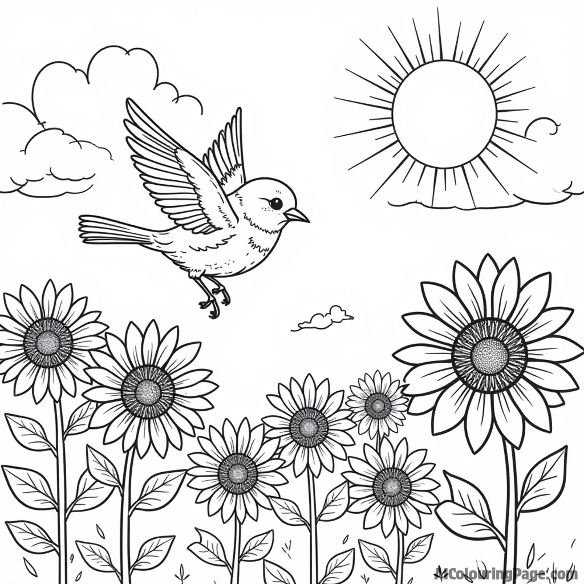 A robin flying through a field of sunflowers, with clouds and a bright sun above, creating a cheerful coloring scene.