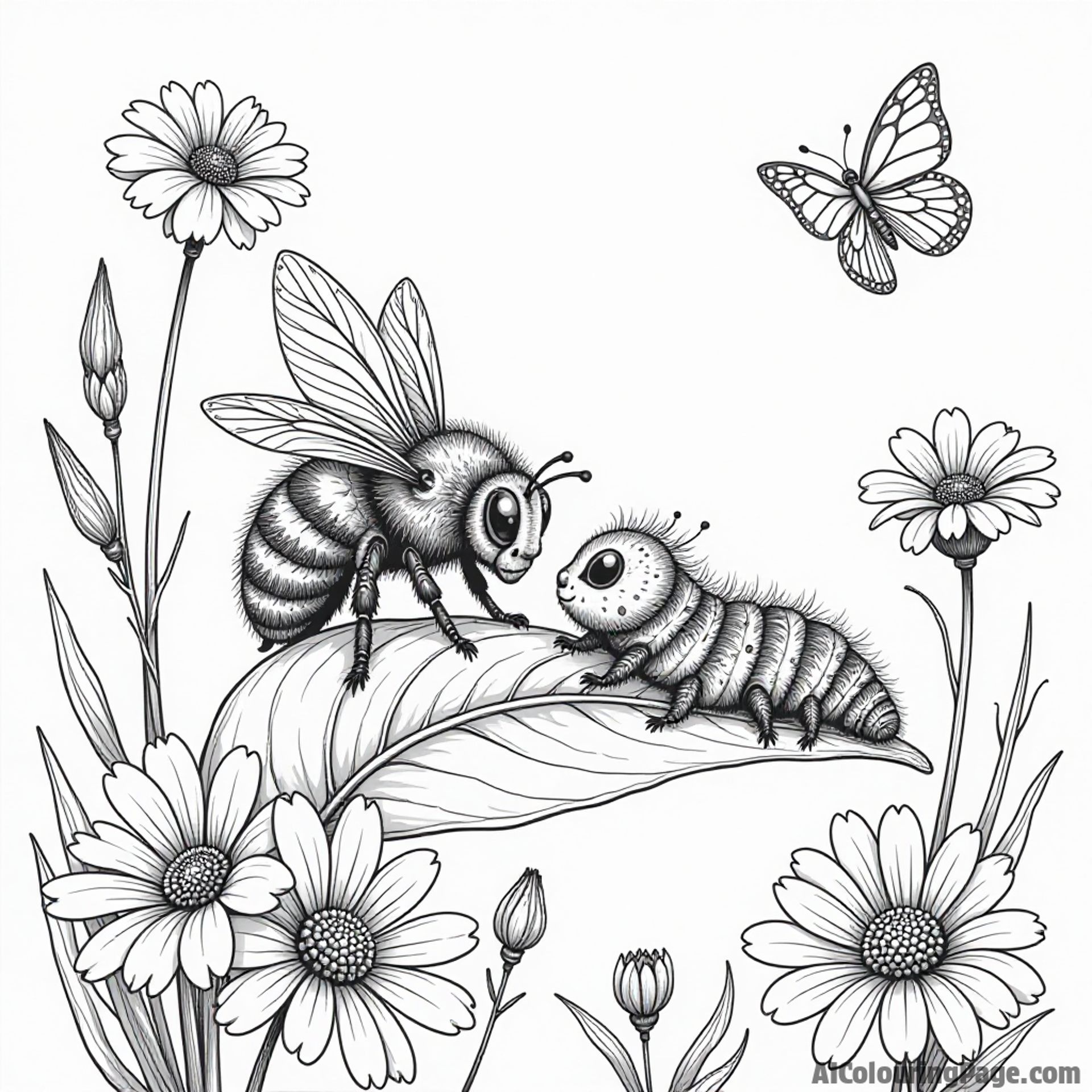 A bee and a caterpillar sharing secrets on a leaf, with butterflies fluttering around and flowers blooming brightly.
