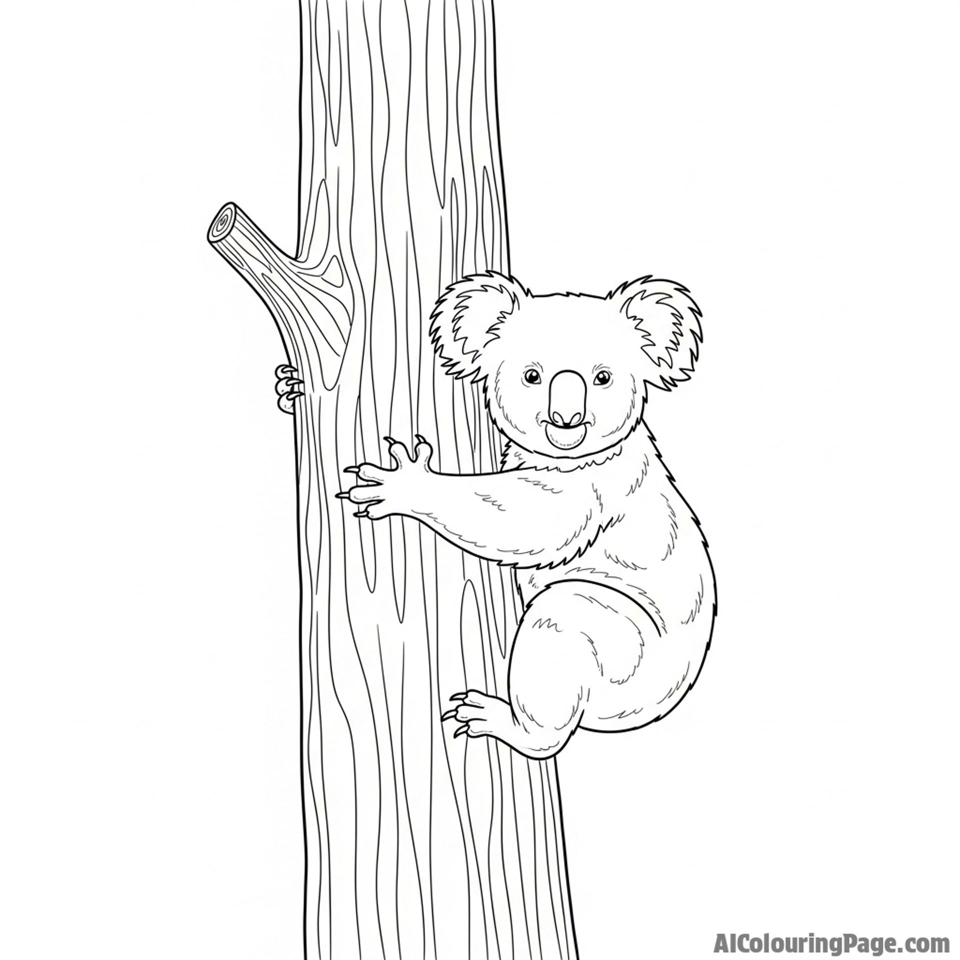 A low-angle perspective of a koala ascending a massive tree trunk.