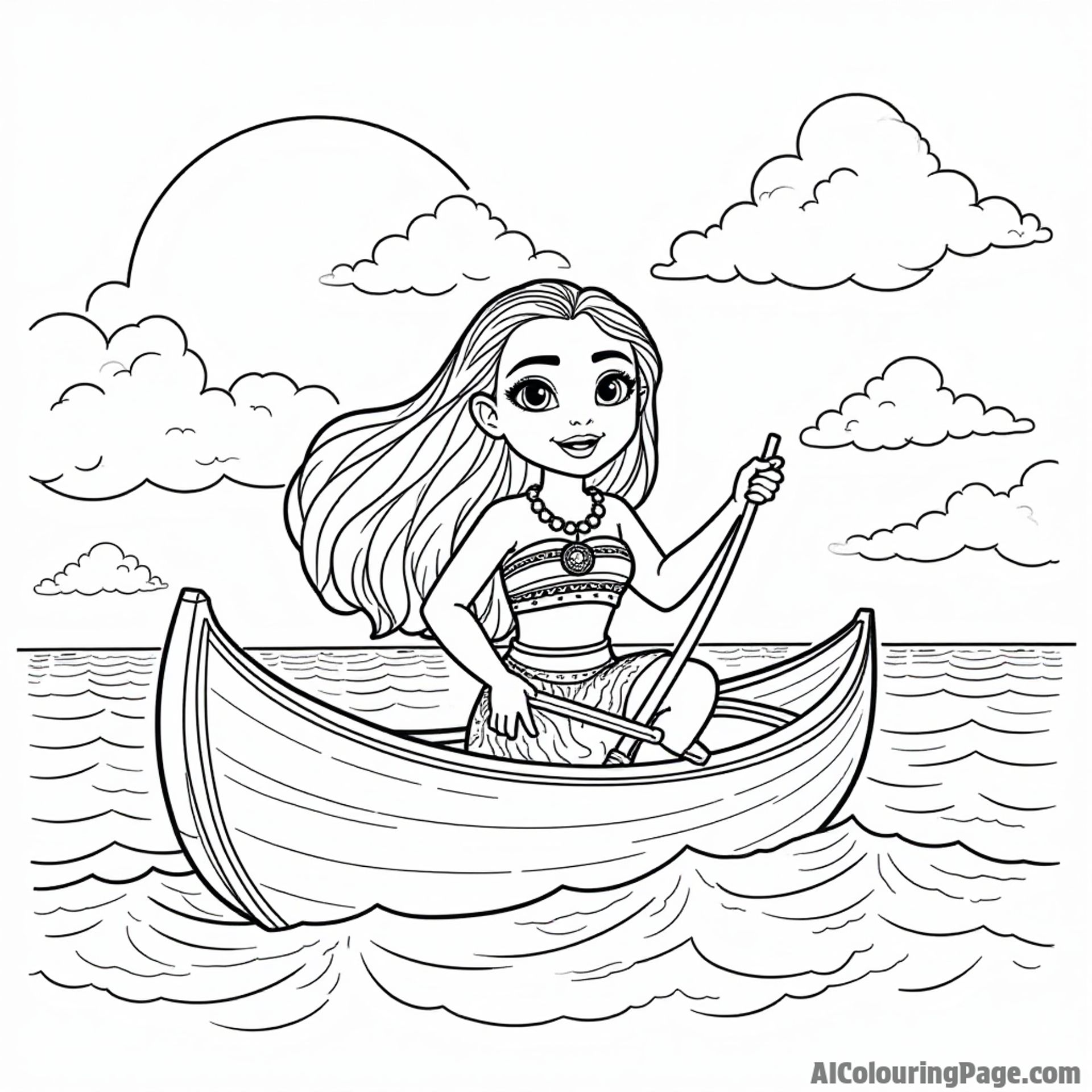 Moana sailing on a canoe with a vibrant sun and fluffy clouds in the background, surrounded by gentle ocean waves.