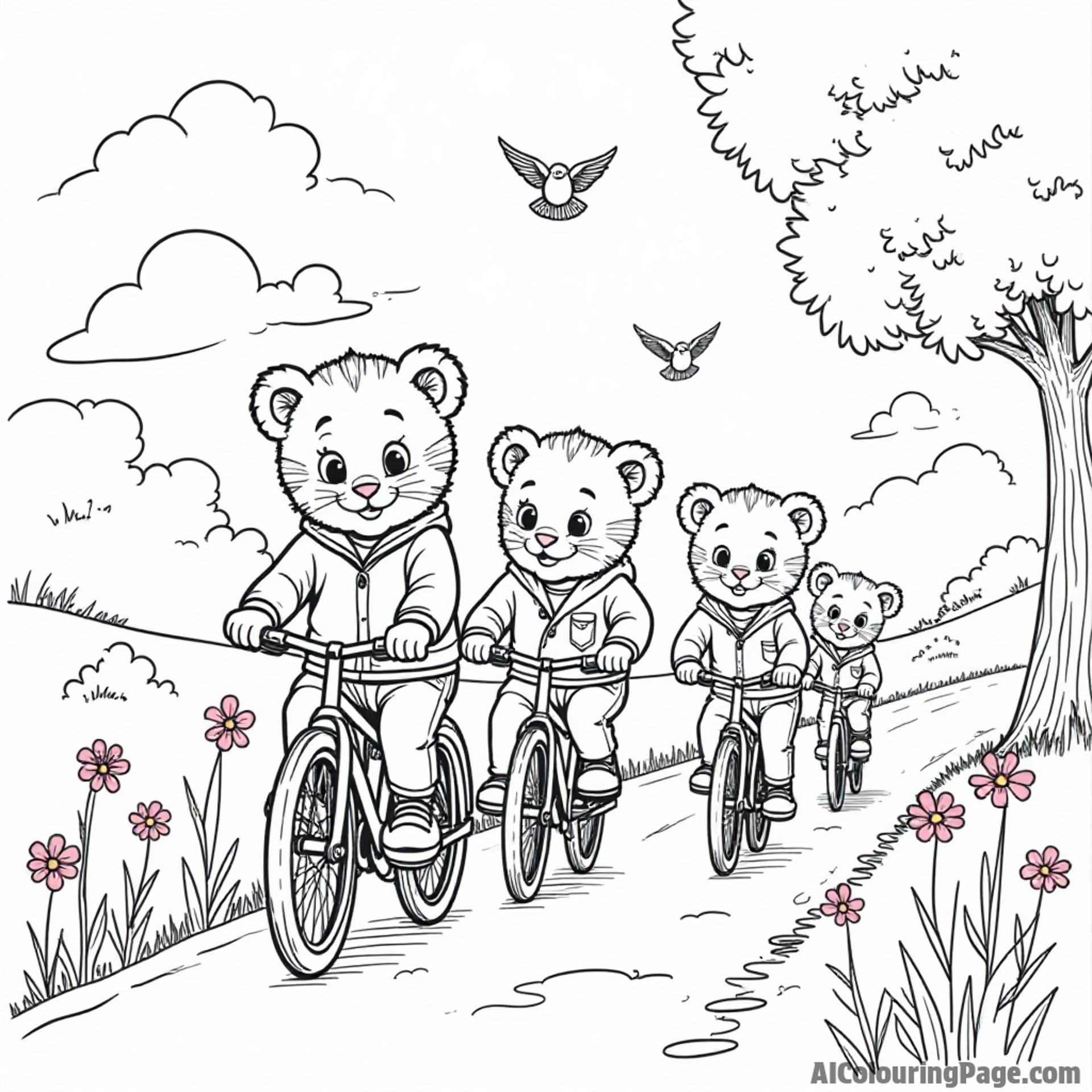 Daniel Tiger and his friends riding bicycles on a sunny day, with flowers blooming along the path and birds chirping above.