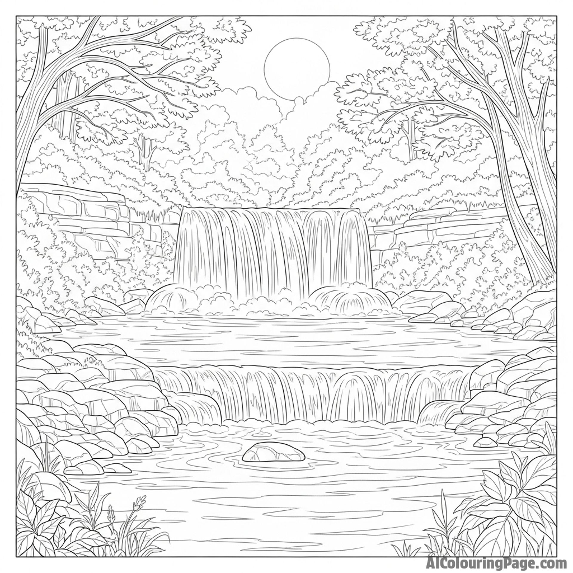 A gentle waterfall flowing into a wide river, creating a peaceful scene.