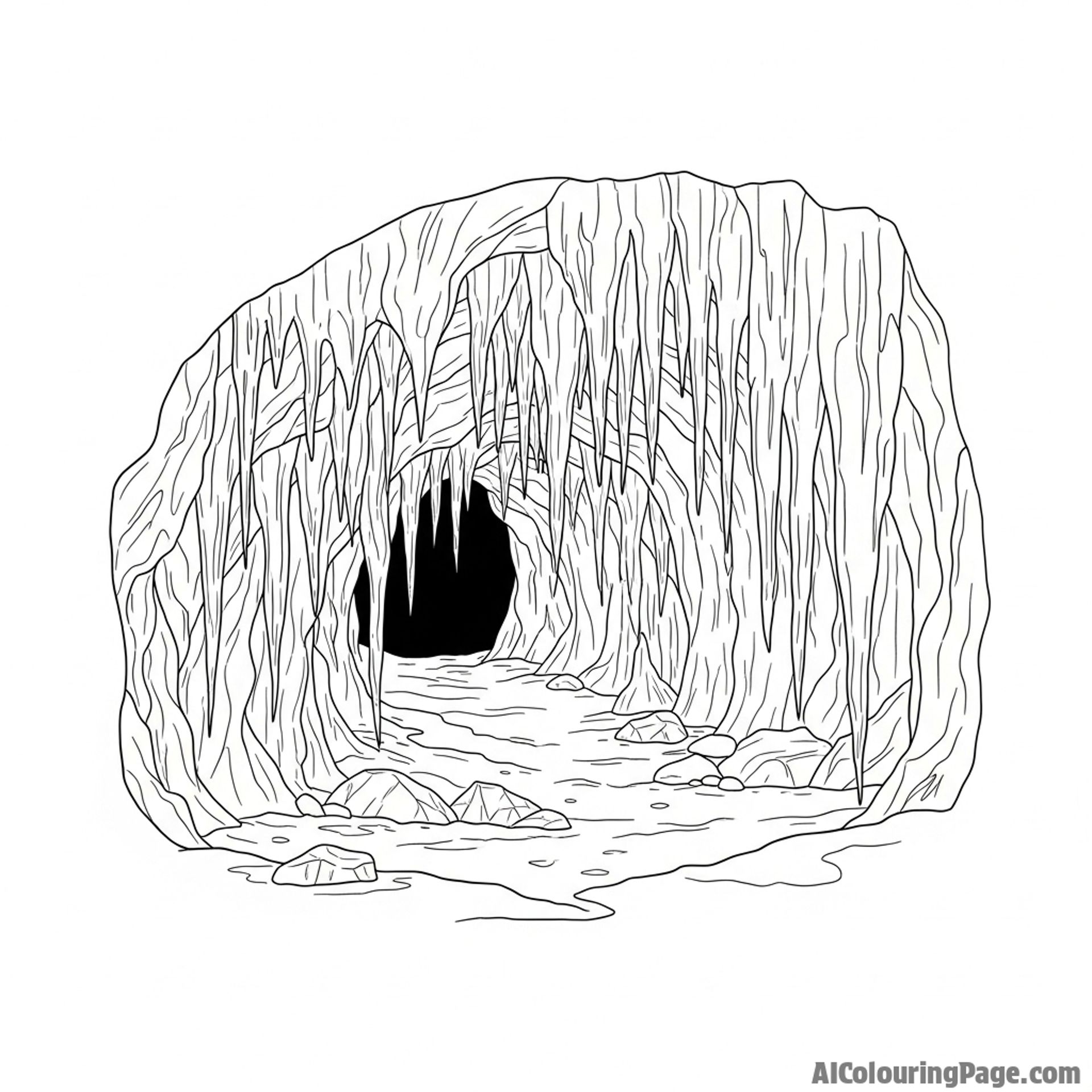Icy cave entrance covered in icicles, suggesting a hidden world.