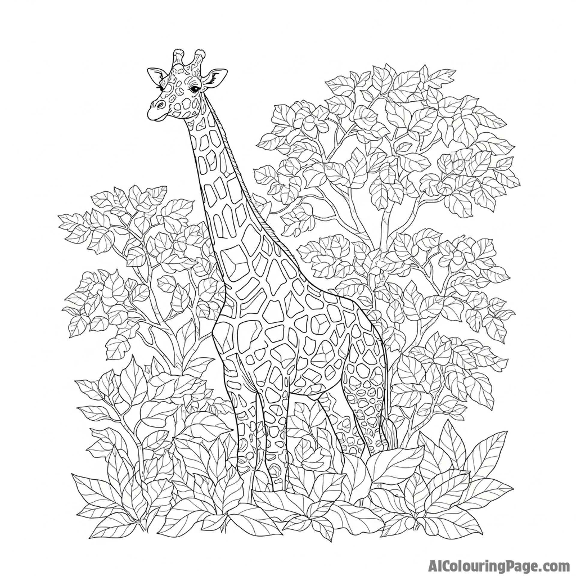 A giraffe perfectly camouflaged against a backdrop of similarly patterned foliage.